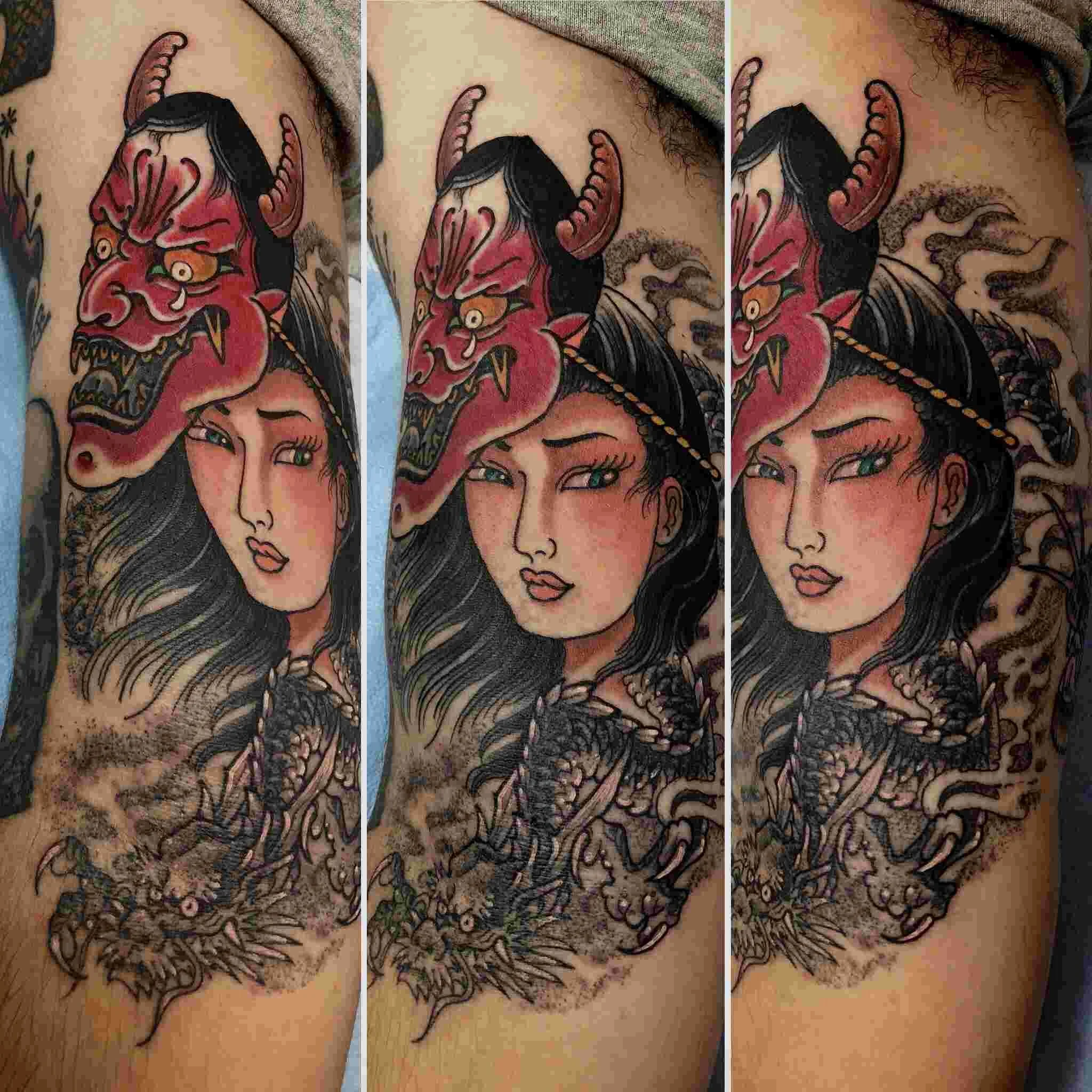 Japanese hannya and geisha tattoo by Chris Cockrill