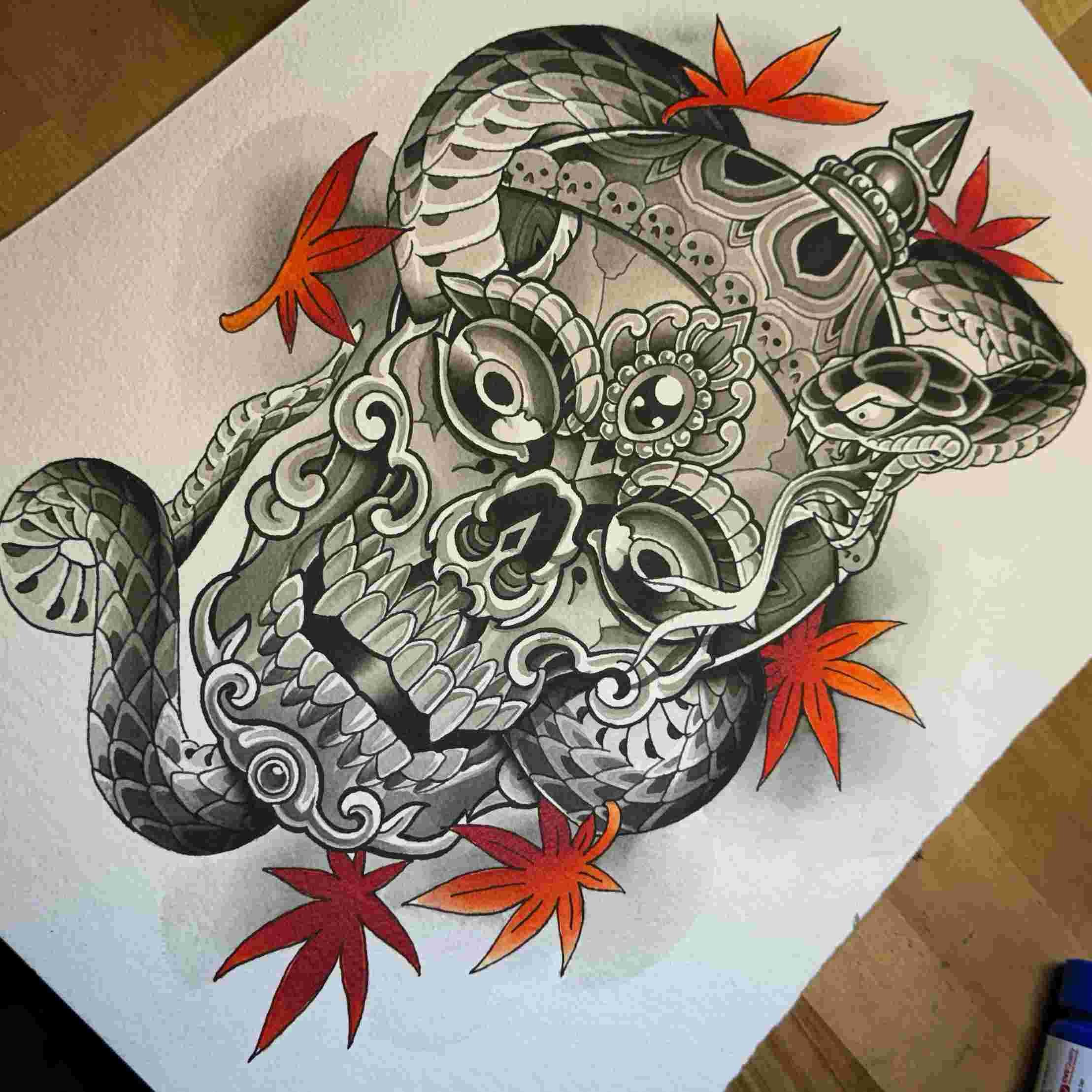 Kapala Skull with Maple leaves tattoo flash design 