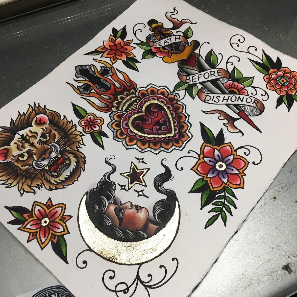 Hand-painted American traditional rose and heart tattoo flash by Chris Cockrill