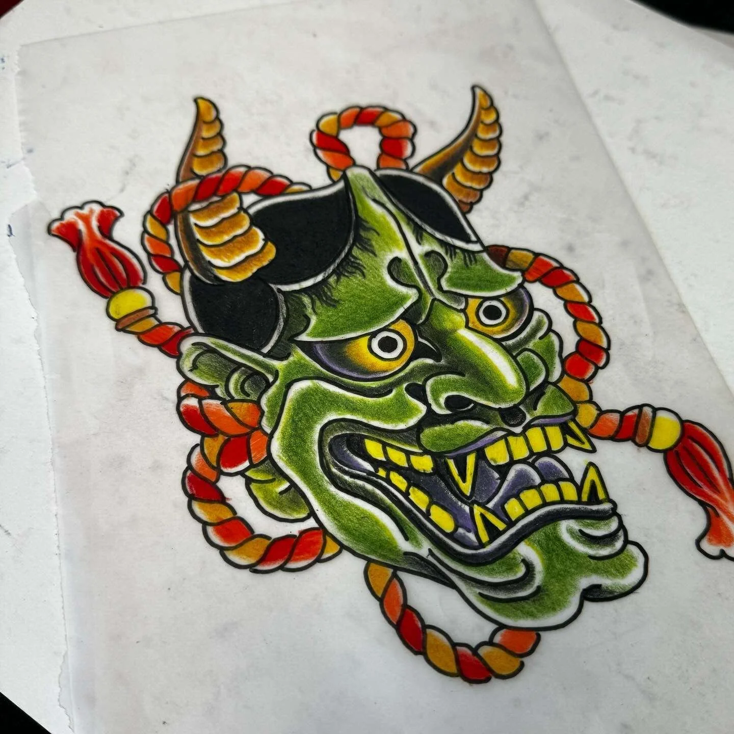 hannya mask with ropes tattoo flash 