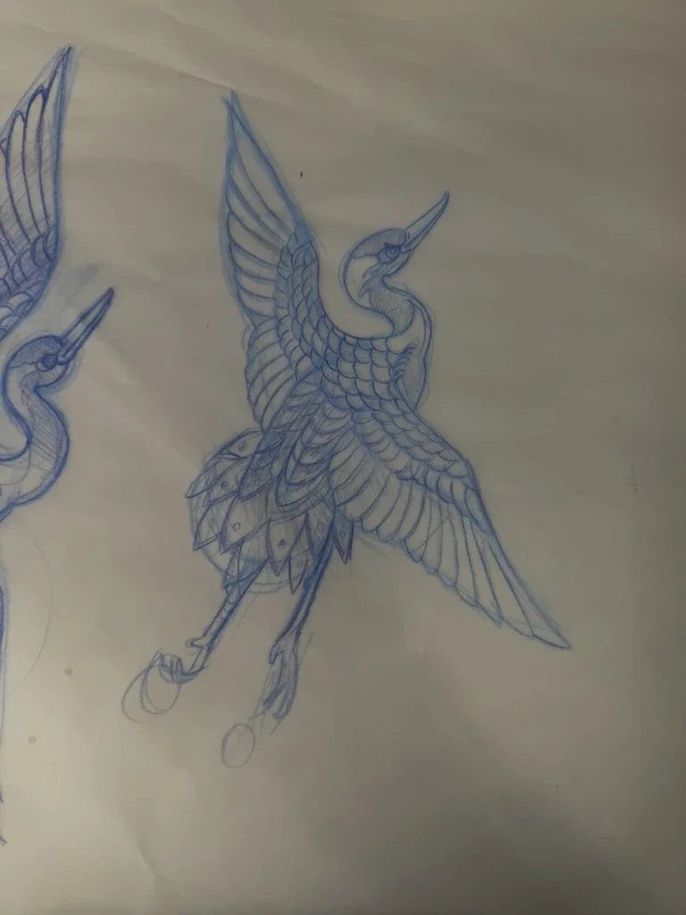 Second crane sketch with raised wings, drawn in blue pencil by Chris Cockrill