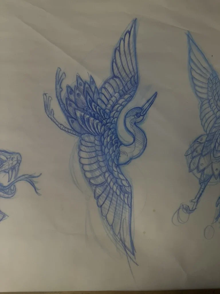 Blue pencil crane design sketch by San Diego tattoo artist Chris Cockrill