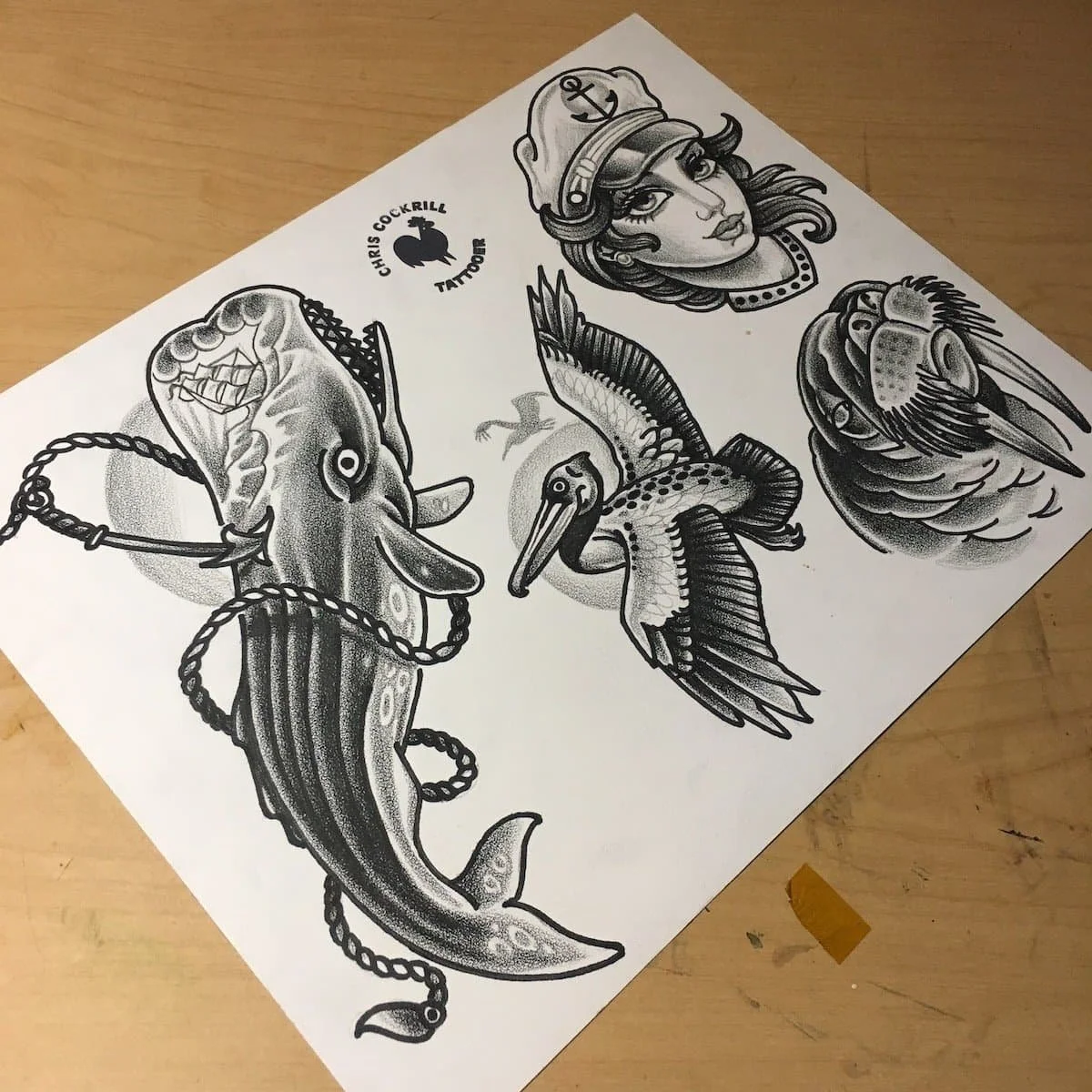 nautical tattoo flash sheet in black and grey 