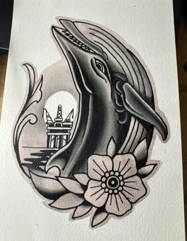 traditional whale and flower tattoo flash from artist at remington tattoo in san diego 