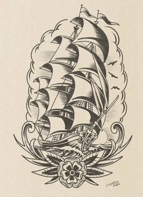 Traditional ship tattoo flash drawn in Procreate by San Diego tattoo artist Chris Cockrill