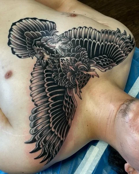 Black and gray owl chest tattoo San Diego