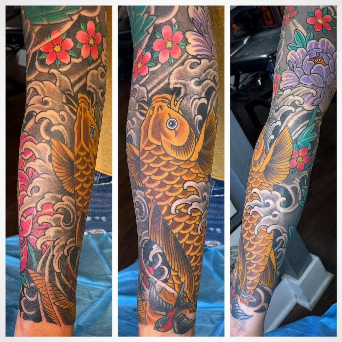 Japanese gold koi fish sleeve tattoo by San Diego tattoo artist Chris Cockrill at Remington Tattoo