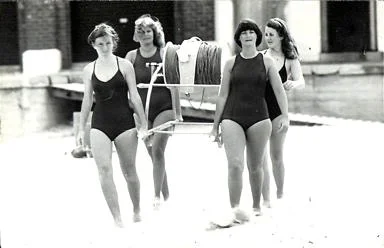 Bronze-training-w-reel-1980-Sally-Johnson-left-front-Marg-Bond-left-rear-Sally-Packard-right-rear-Kerryn-Briody-front-right