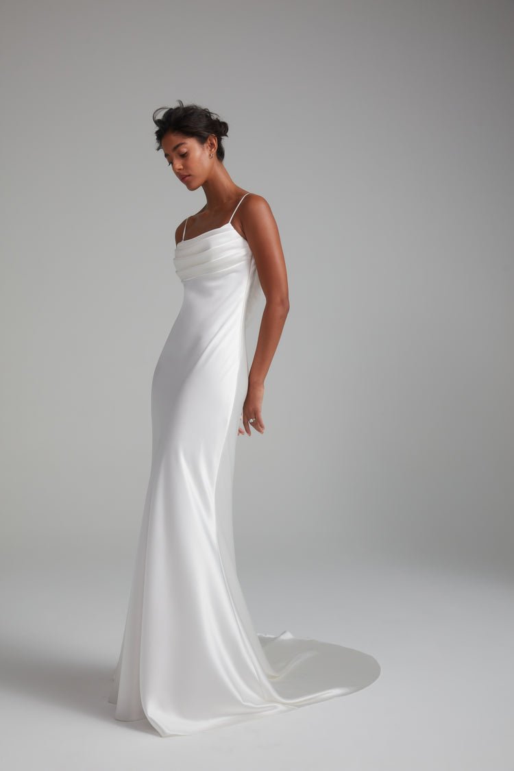 90s Bridal Style: Jenny by Jenny Yoo Marnie Bias-Cut Satin V-Neck Scoop-Back Wedding Gown