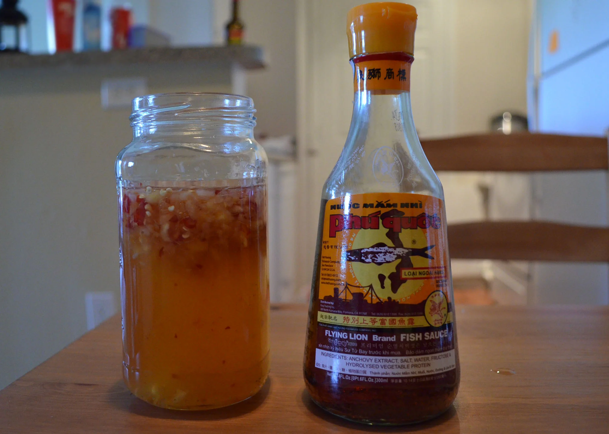 the final nước mắm chấm jar next to my bottle of nuoc mam from Phú Quốc (Photo: Loa/Kathy Triệu)