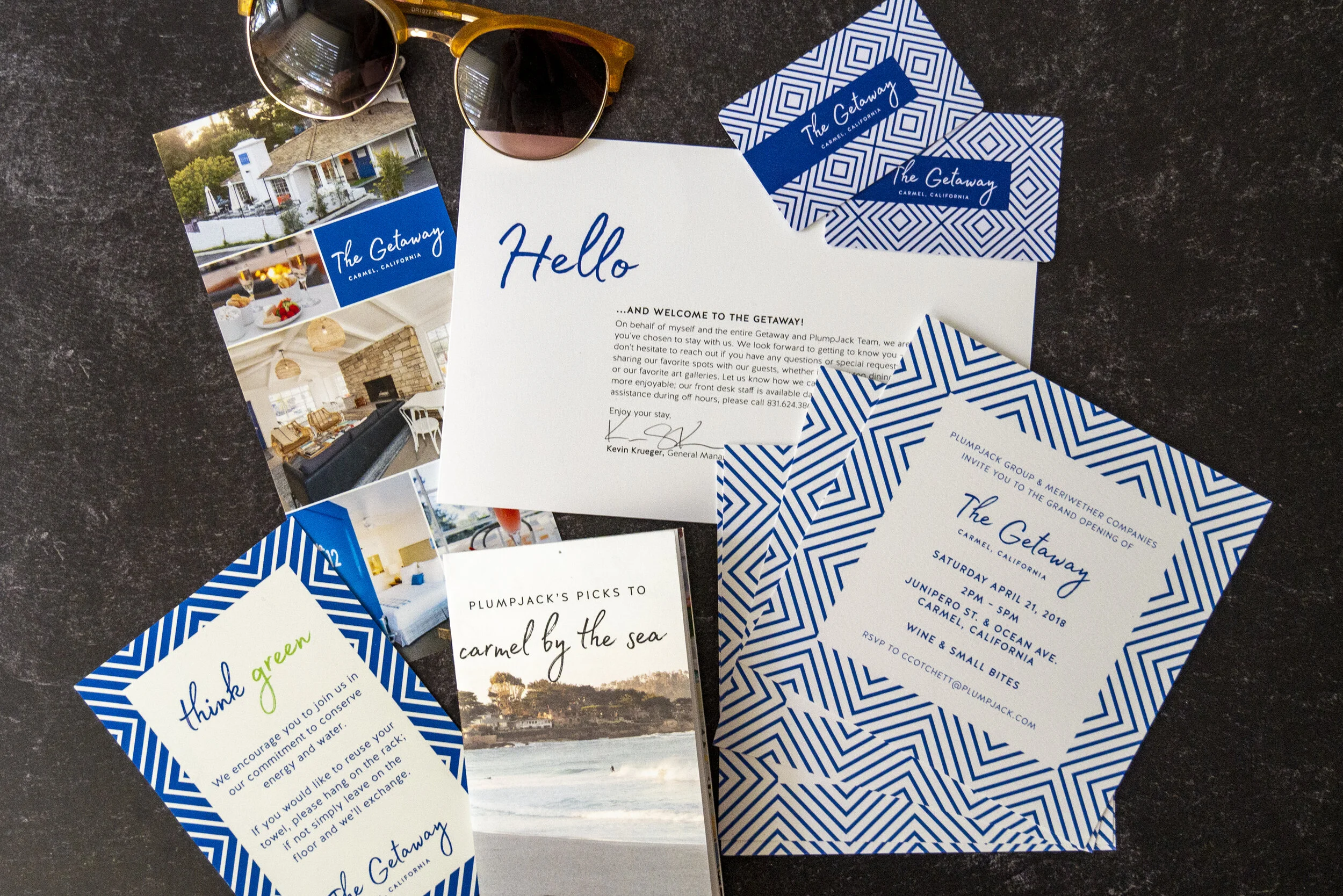  Print collateral design for The Getaway, a boutique hotel in Carmel-by-the-Sea, California. 