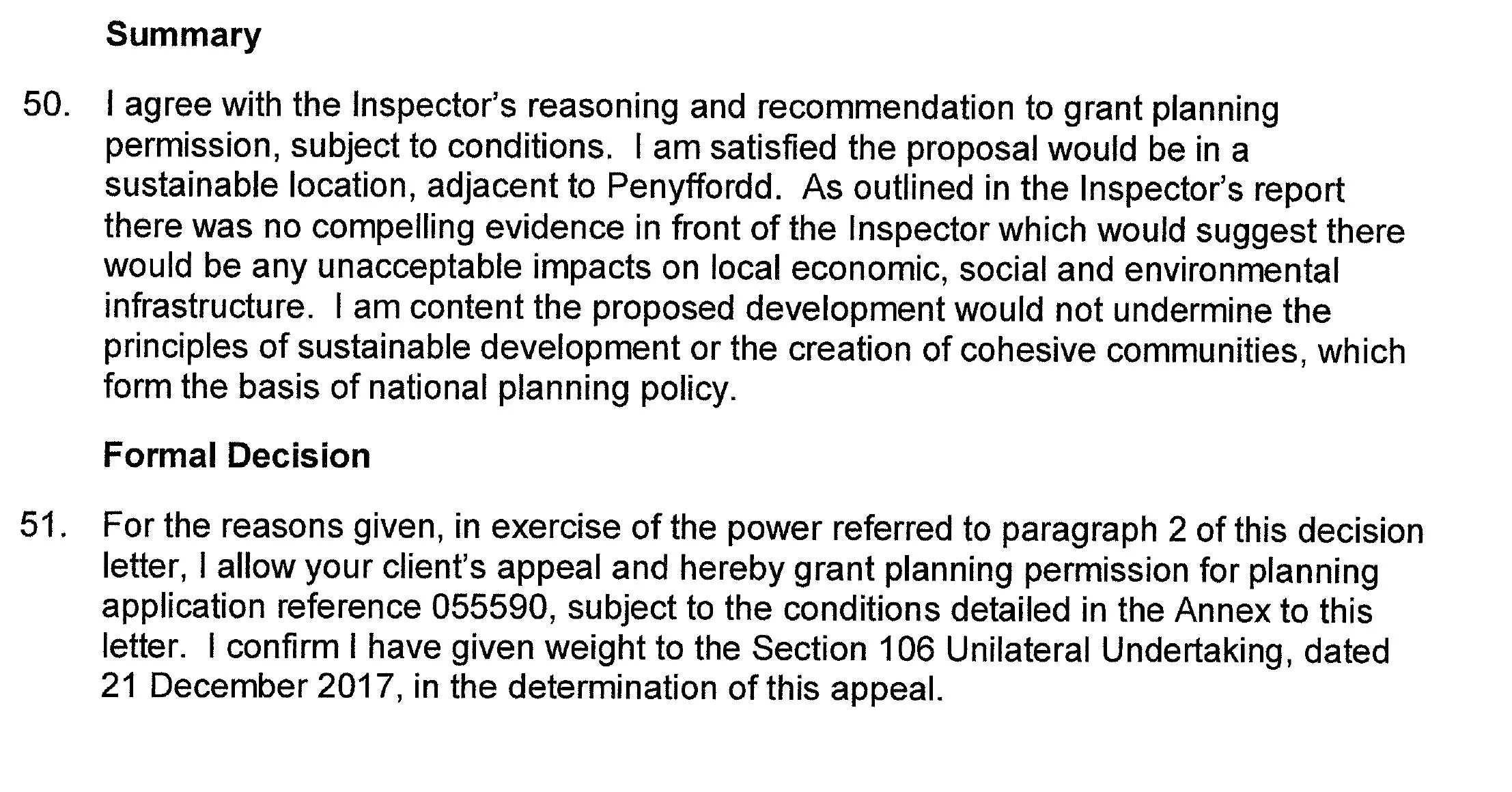 The summary by the Welsh Minister, Lesley Griffiths AM/AC who made the final decision