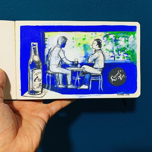 Conversations and coffee. #loyselstoy #moleskine #moleskinesketchbook #andrewlohdesigns #urbansketching #asahibeer #coffee