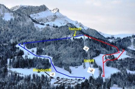 Blaue Piste "Esel": Skivergnügen für alle Rote Piste "Unterblasen": Sportlich; der einzige Weltcuphang der Zentralschweiz! Kinderlift: Einfacher Kinderlift mit Griff-Bügeln, Kindertor, Kinderkarussell, zwei Abfahrten, Spieltieren