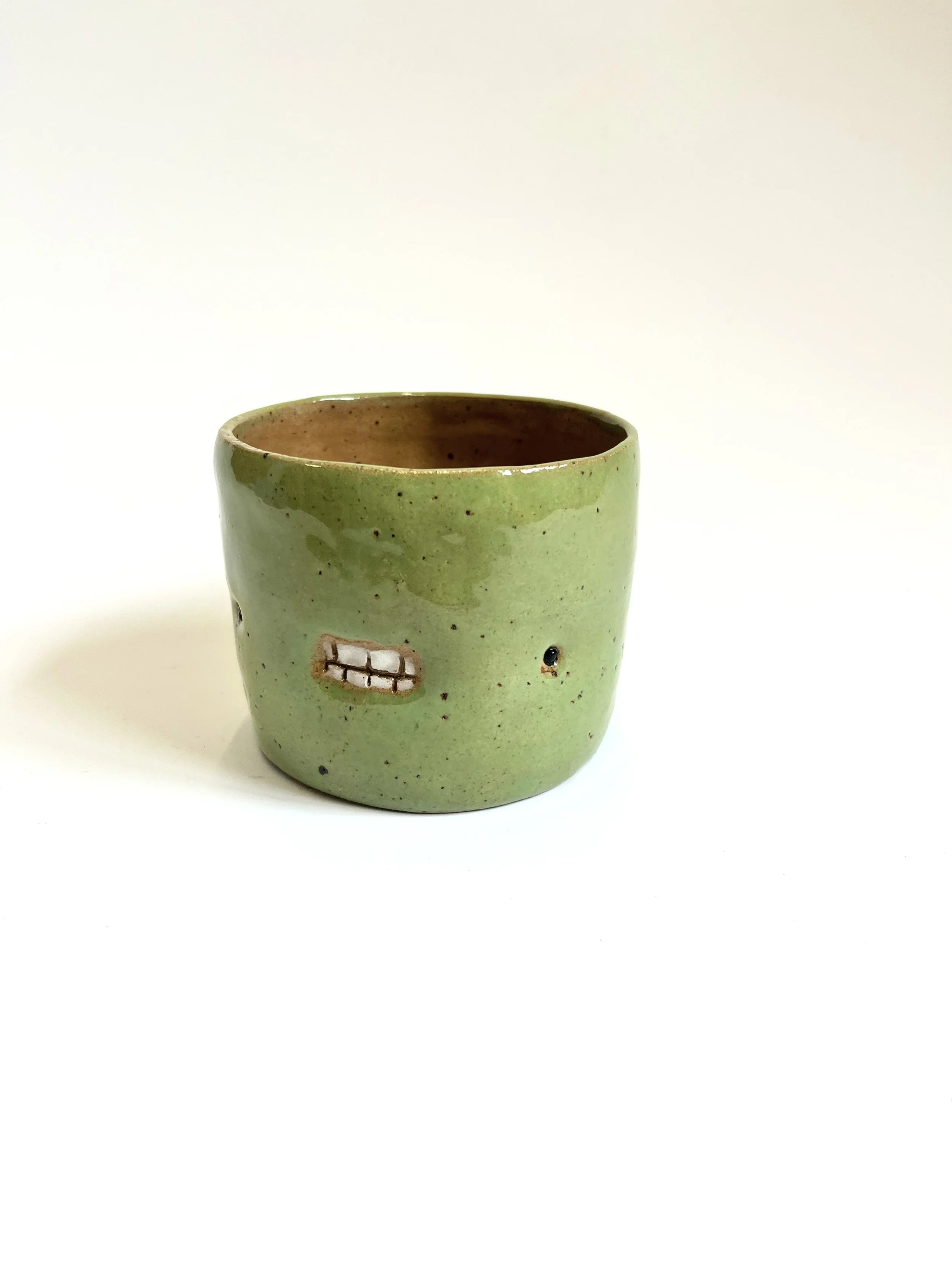 Green teethie cup, hand-built stoneware cup