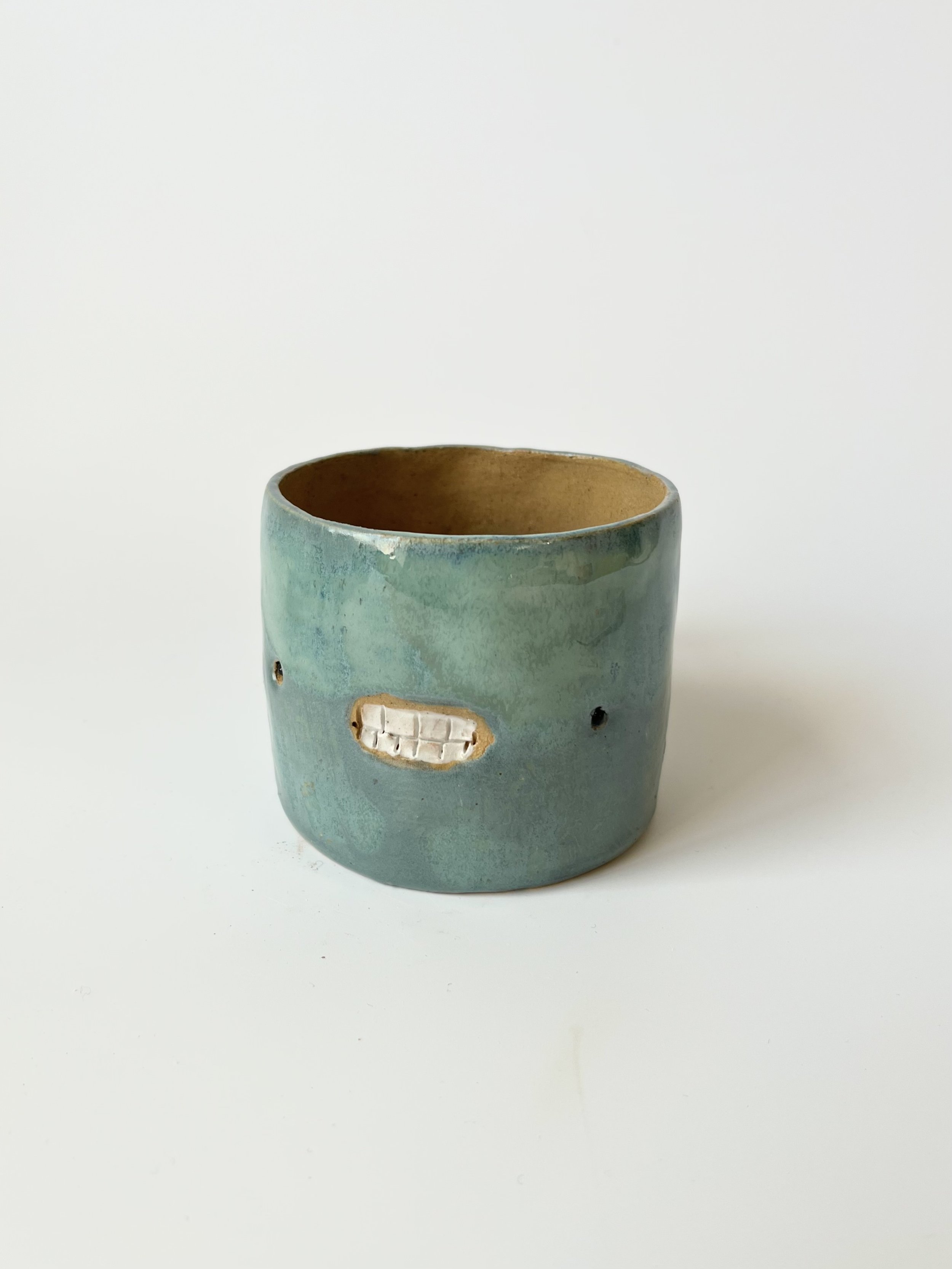Green teethie cup, hand-built stoneware cup