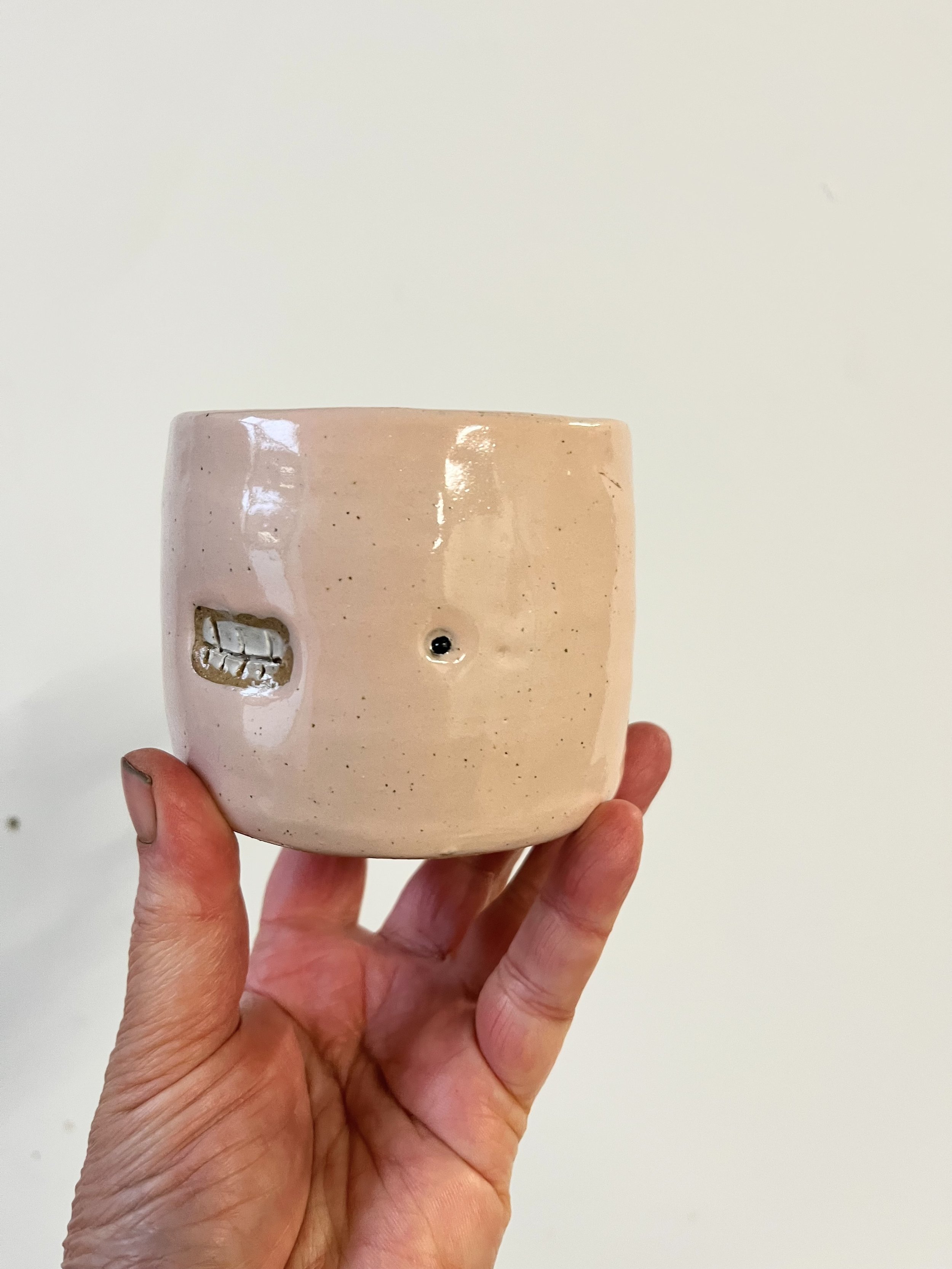 Pink teethie cup, hand-built stoneware cup