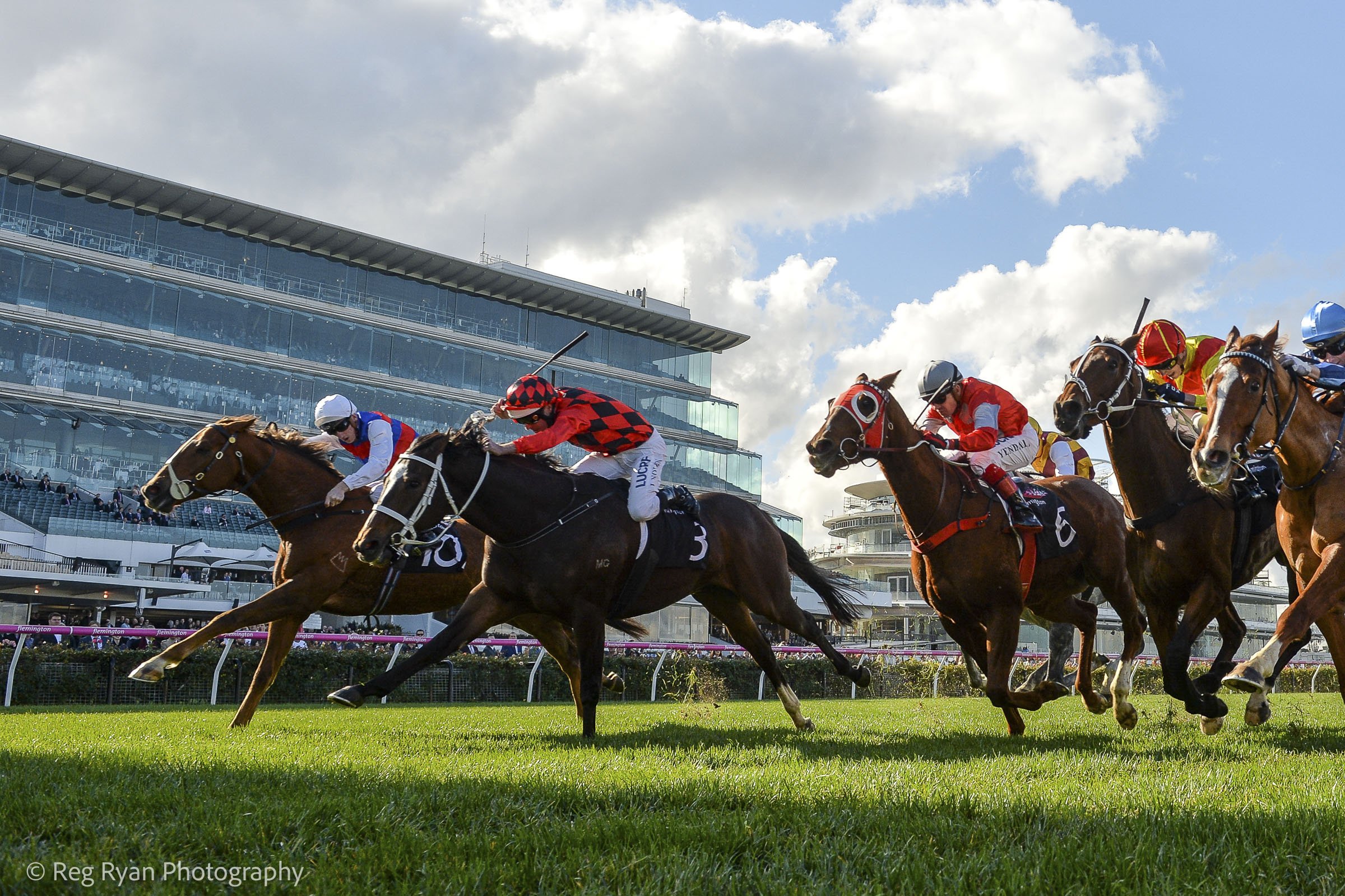  /h3/ ridden by /j3/ and /h10/ ridden by /j10/ dead heat in the /r4/ at Flemington Racecourse on June 09, 2018 in Flemington, Australia. (Reg Ryan/Racing Photos) 