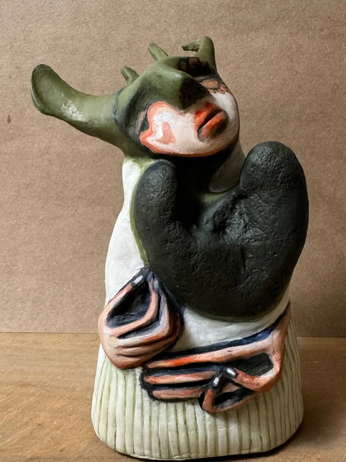 This sacred being was made around a big heart stone from my special beach in Sedgefield and with some seal bones, for her antlers also from one of Cape Town beaches.. 

She has been sculpted with paper-clay, a seal bone, heart-shaped stone, mixed m