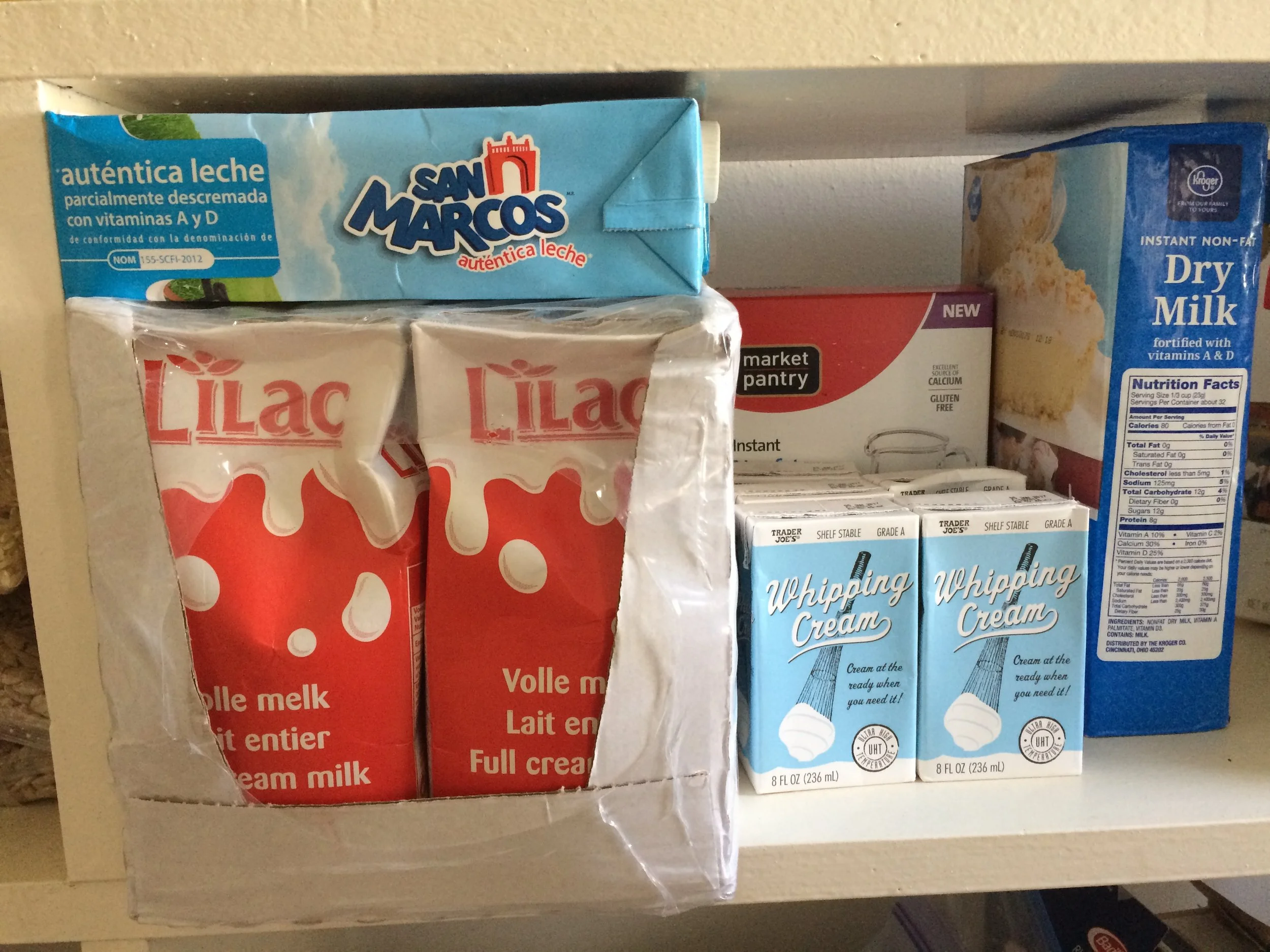 Our long shelf-life dairy supply: tetra-pak milk, powdered milk, and (if we got desperate!) boxed whipping cream. 