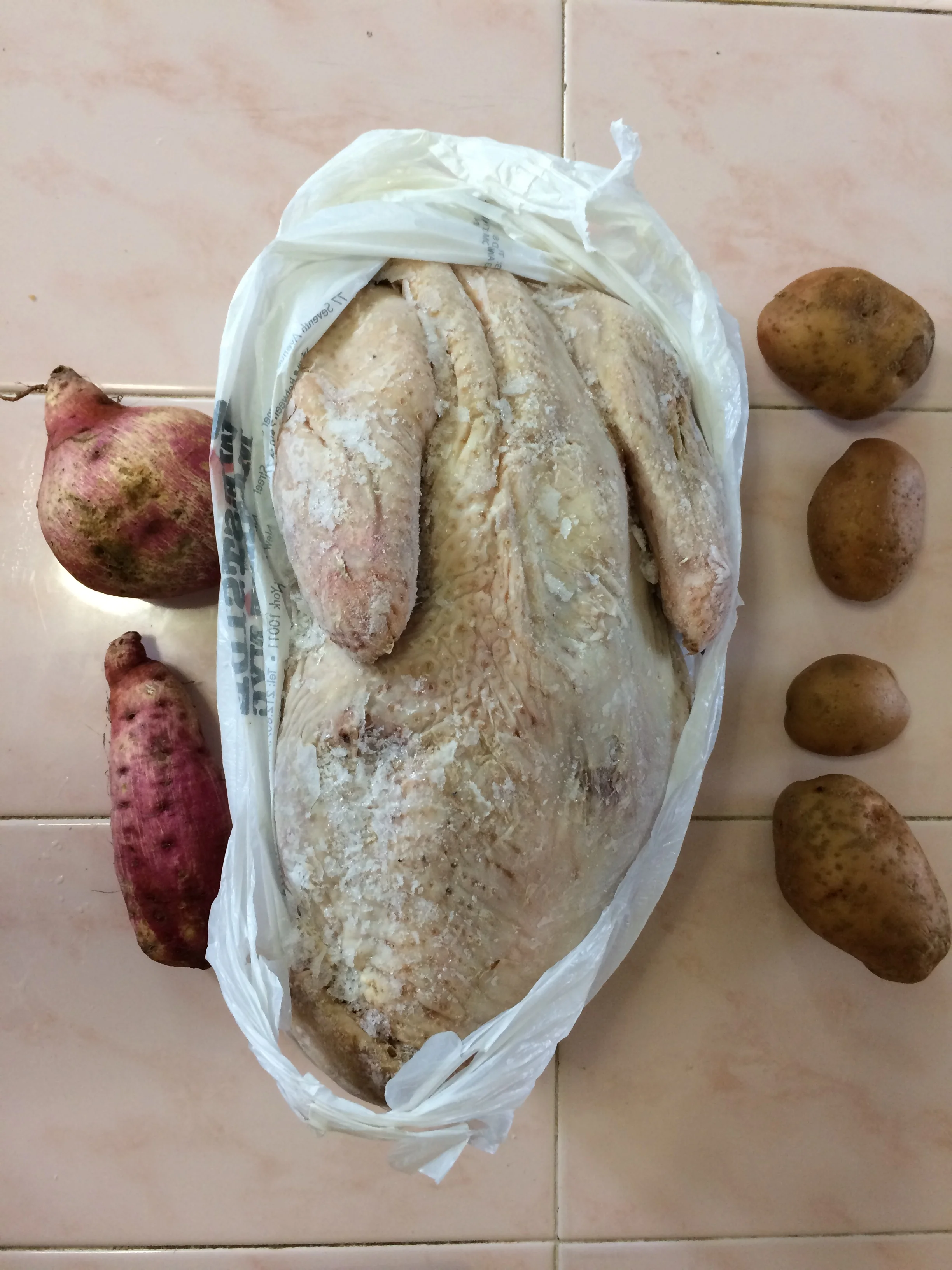 My purple sweet potatoes, a skinny Cuban turkey, and black market potatoes.