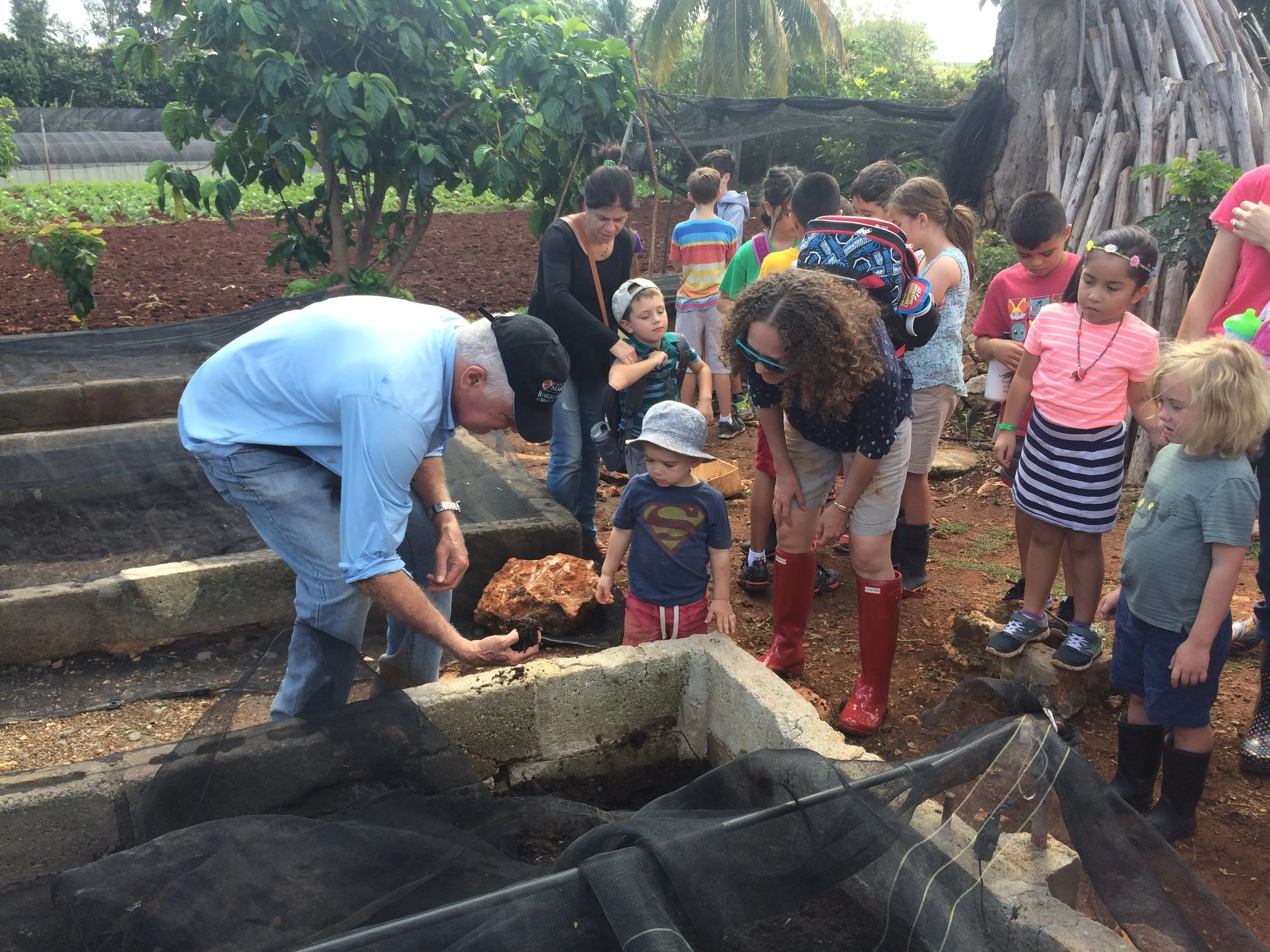 Miguel Salcines, the founder of the Alamar Orgoponico, shows our kids the earthworms that produce nutrient-rich, organic soil for his fields. 