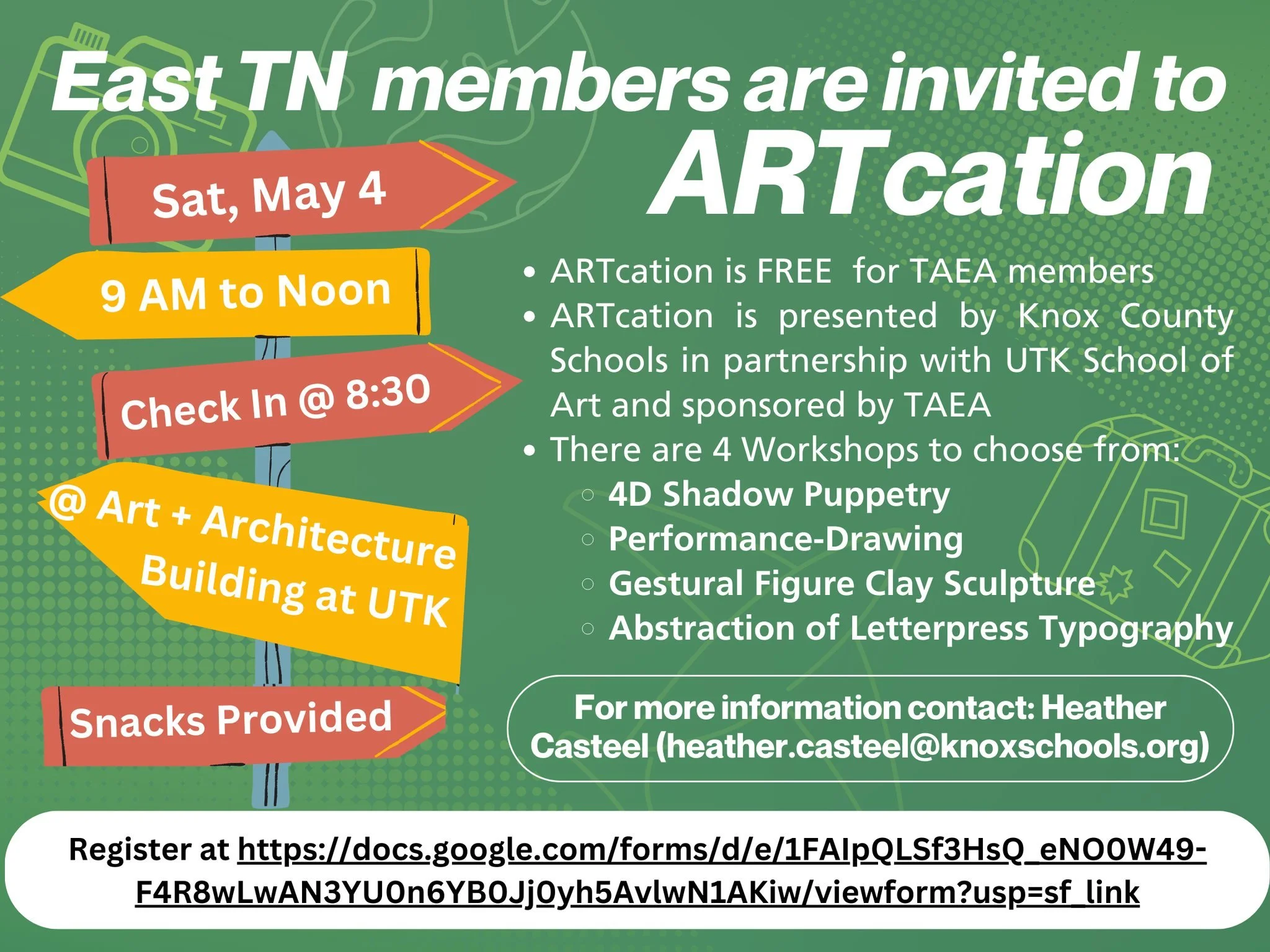 East Tennessee is hosting a free ARTcation event on Saturday, May 4 | 9 a.m. - 12 p.m! Participants will have the opportunity to attend workshops including 4D Shadow Puppetry, Performance-Drawing, Gestural Figure Clay Sculpture, and Abstraction of Le