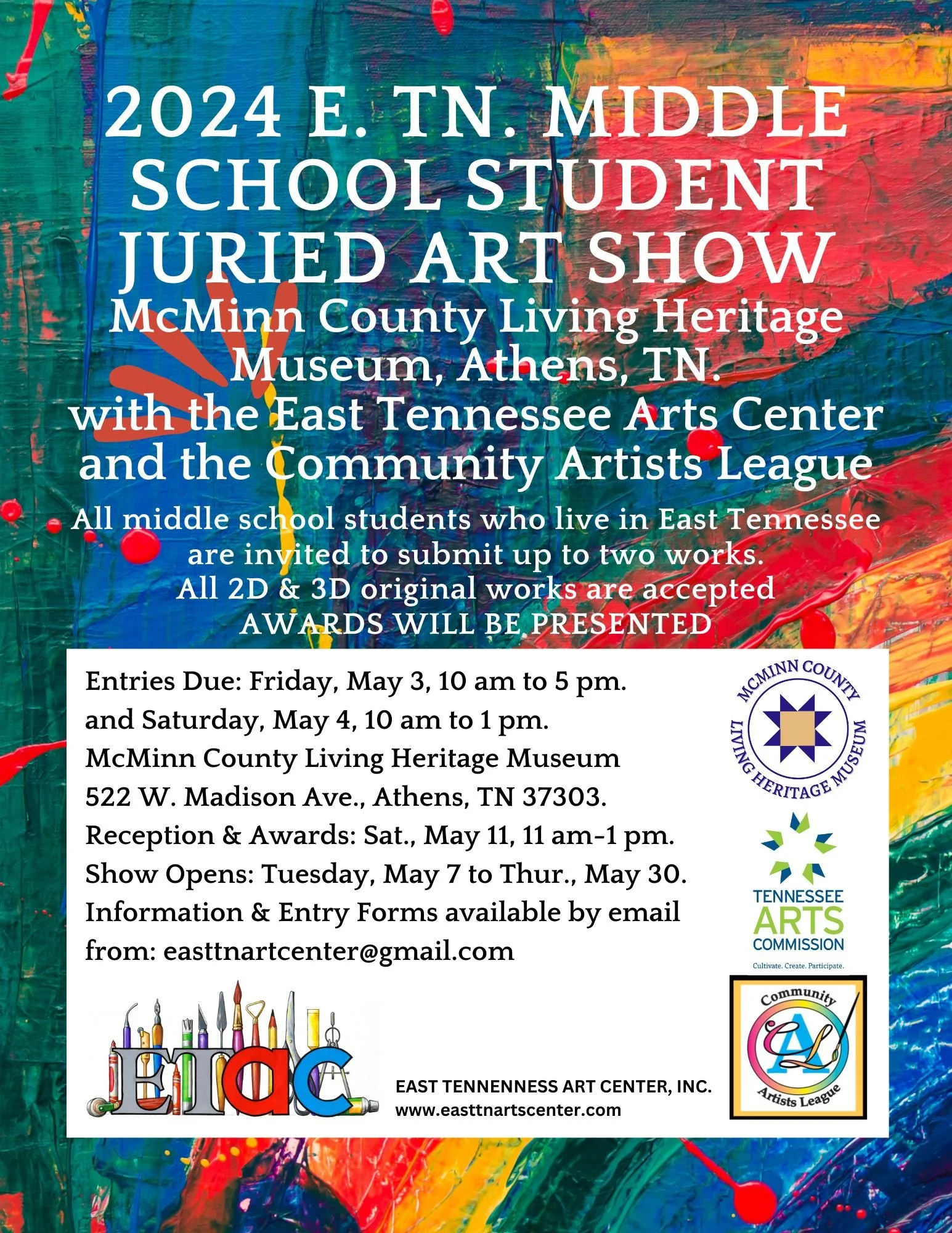 Reminder: Submissions for the Middle School Student Juried Art Show are due tomorrow on Friday | May 3rd and Saturday | May 4th. 

For more information, check out the flyer below!