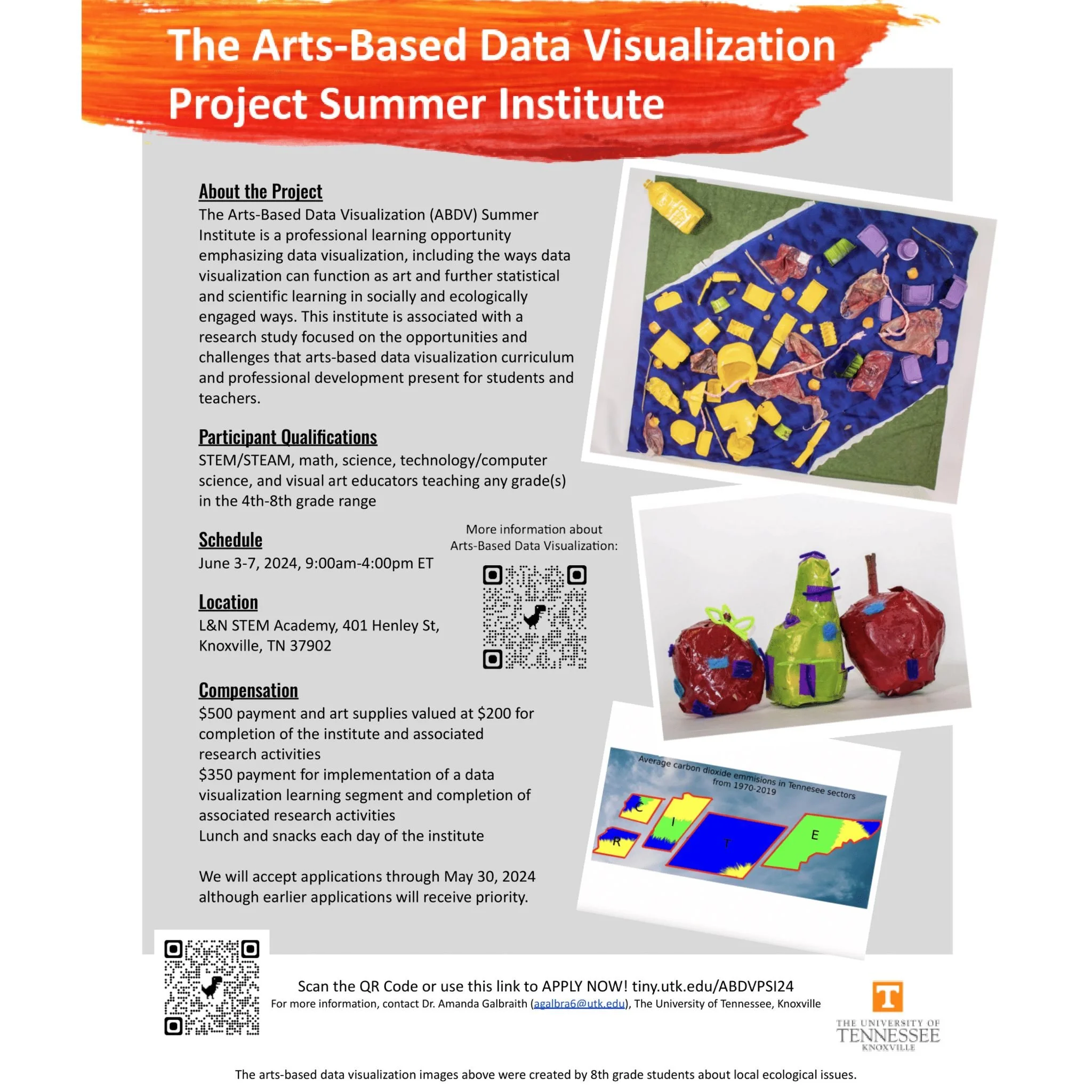 🎨 Join the Arts-Based Data Visualization (ABDV) Summer Institute for a professional learning opportunity. The project will be held from June 3-7, 2024 | 9am-4pm (ET) at L&amp;N STEM Academy, Knoxville, TN. Participants are open to East Tennessee Edu
