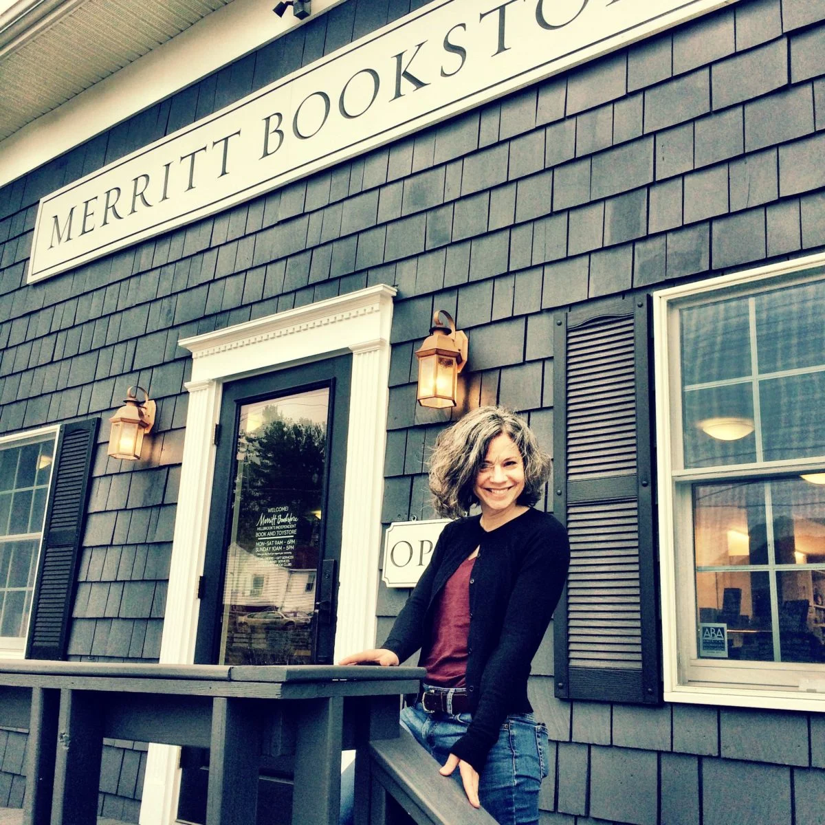 Roz in front of Merritt Bookstore, Millbrook, NY
