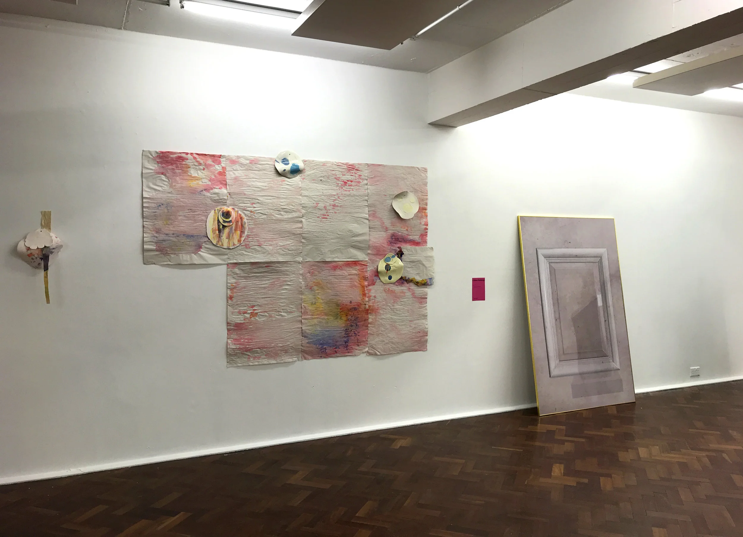 Installation for London Creative Network, SPACE, Mare St, London, March 2018, paper, watercolour, oil paint, digital transfer, glazed and unglazed porcelain