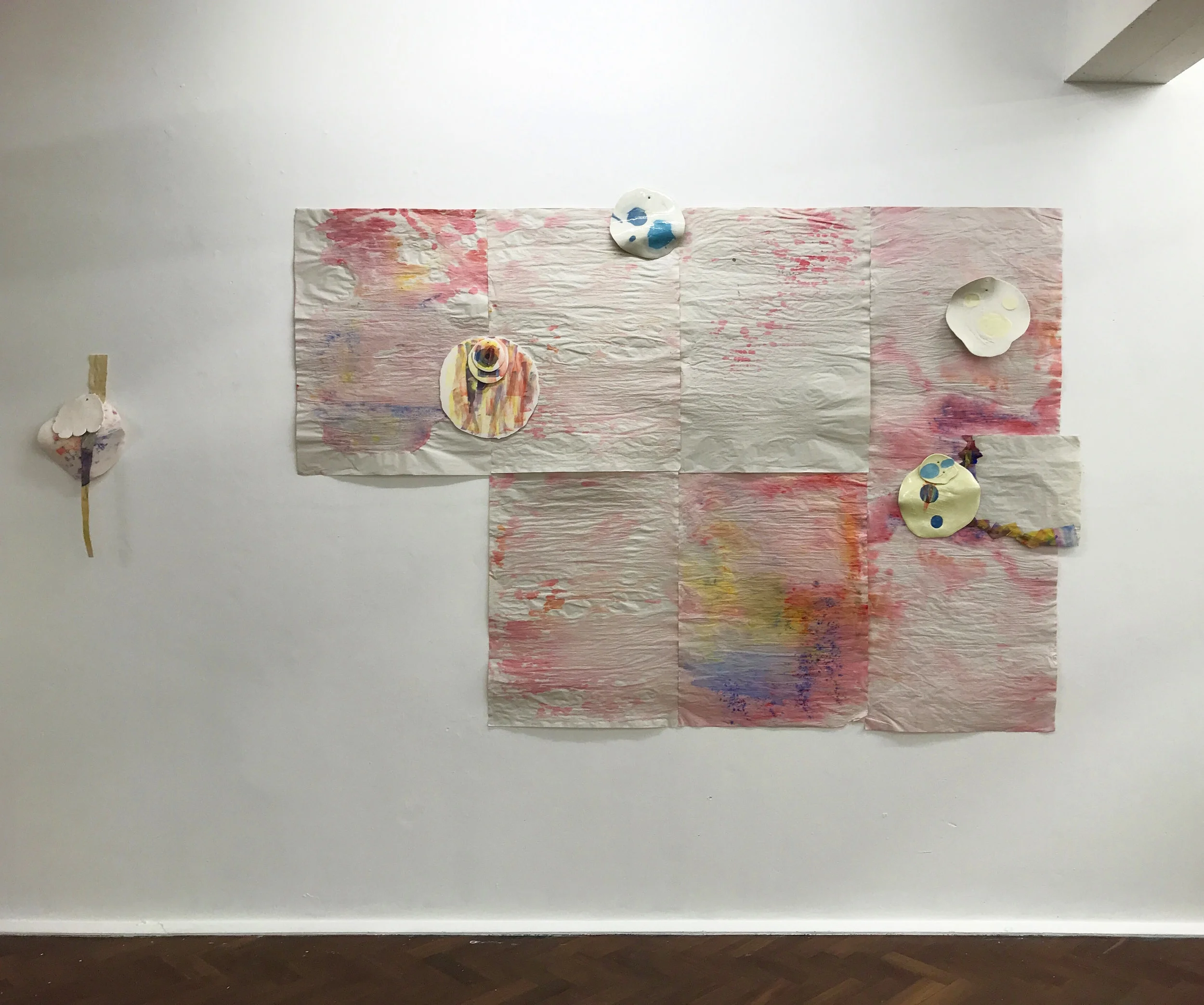 Installation for London Creative Network, SPACE, Mare St, London, March 2018, paper, watercolour, oil paint, digital transfer, glazed and unglazed porcelain