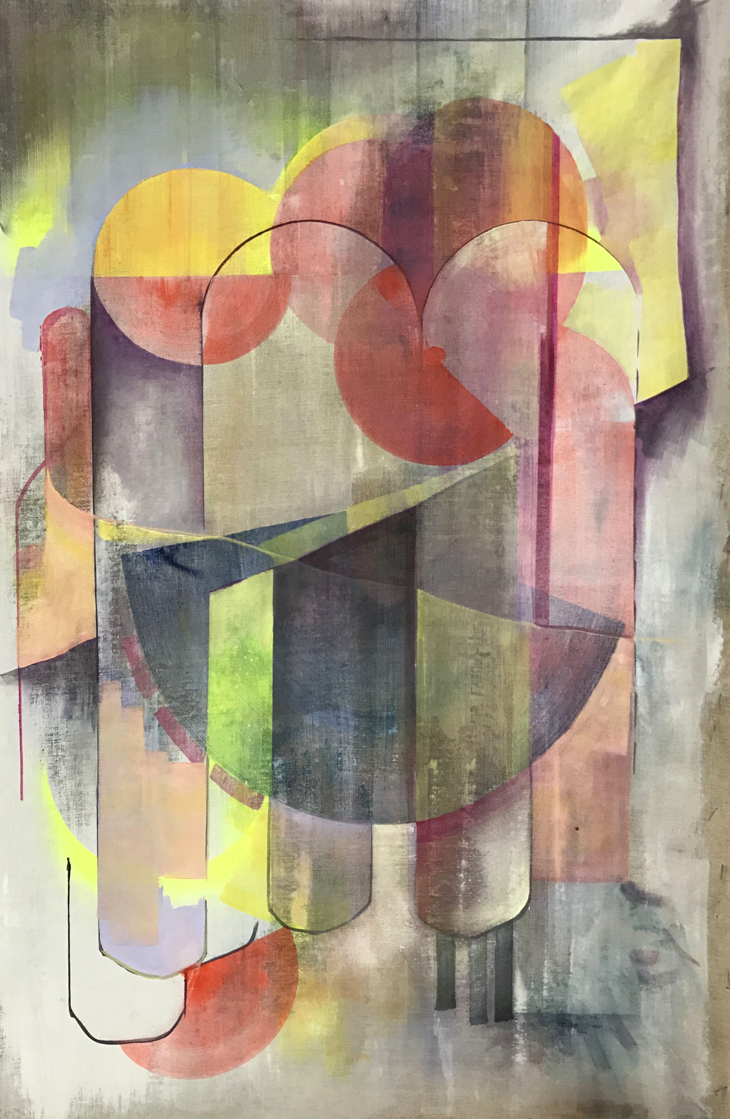  Unison pitch, oil, spray paint and watercolour on linen, 75cm x 100cm, 2020 