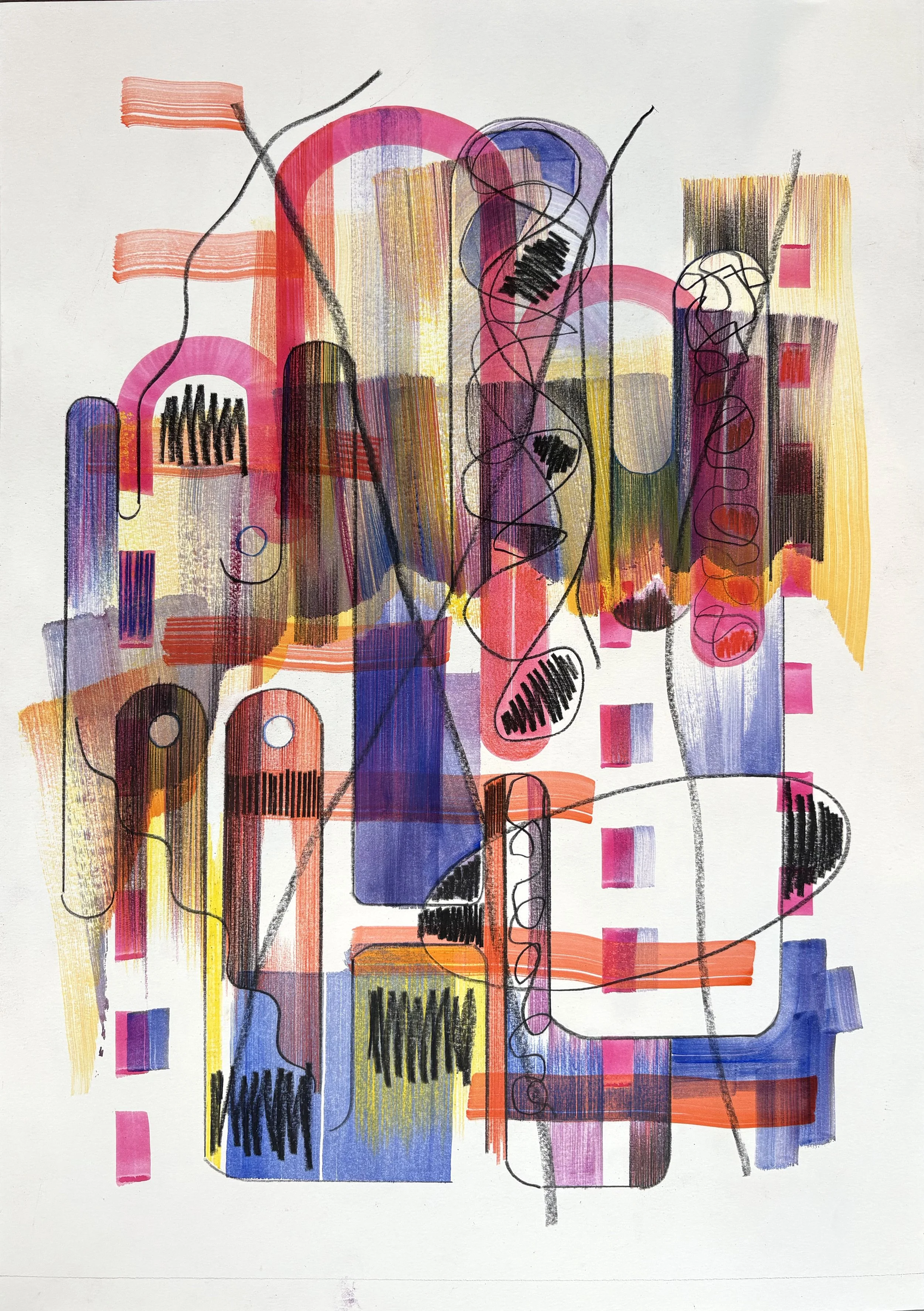 Big loops, oil, spray and coloured pencil in paper, 59cm x 42xm