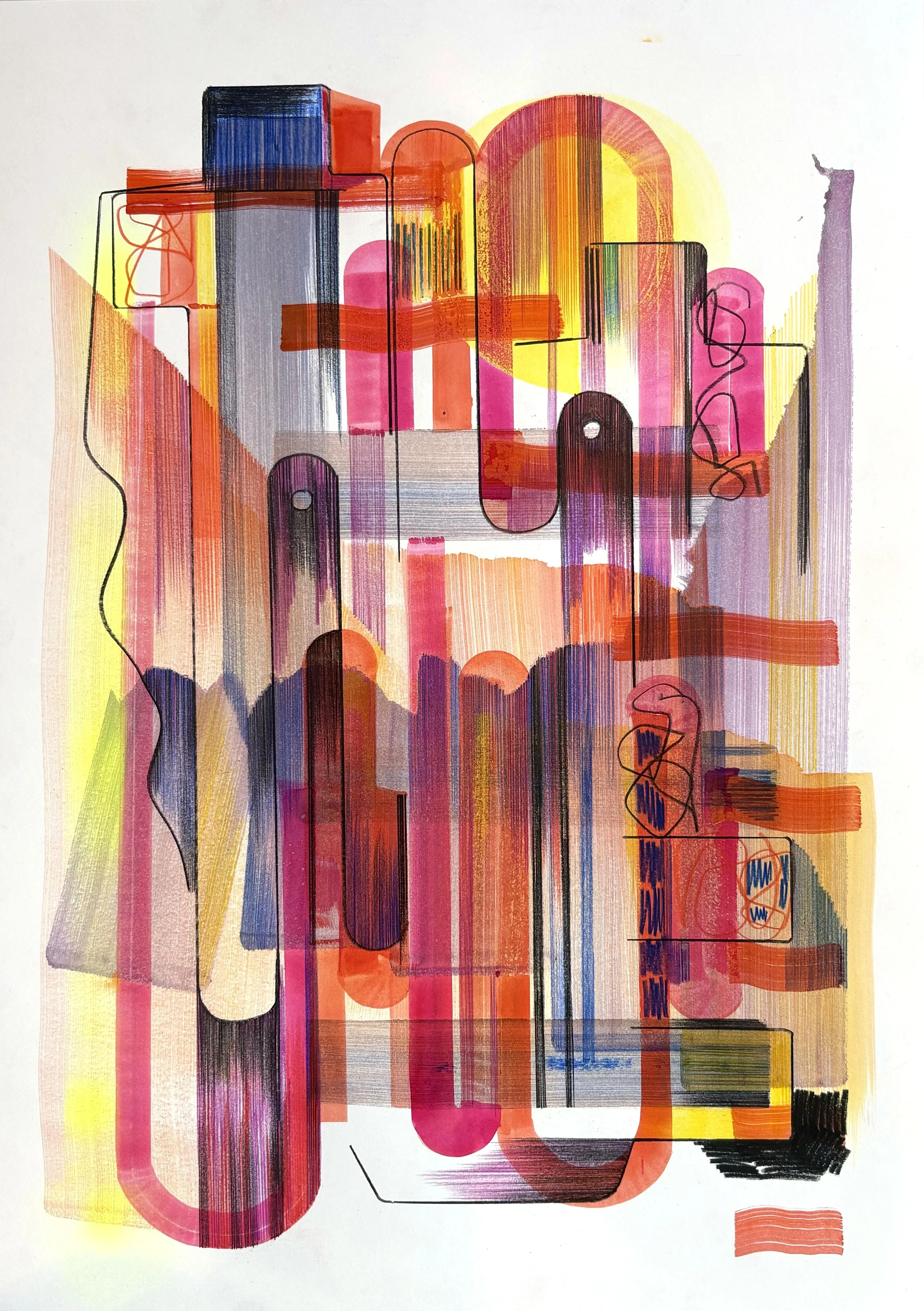 Reaching, oil, spray and coloured pencil on paper, 59cm x 42cm, 2004