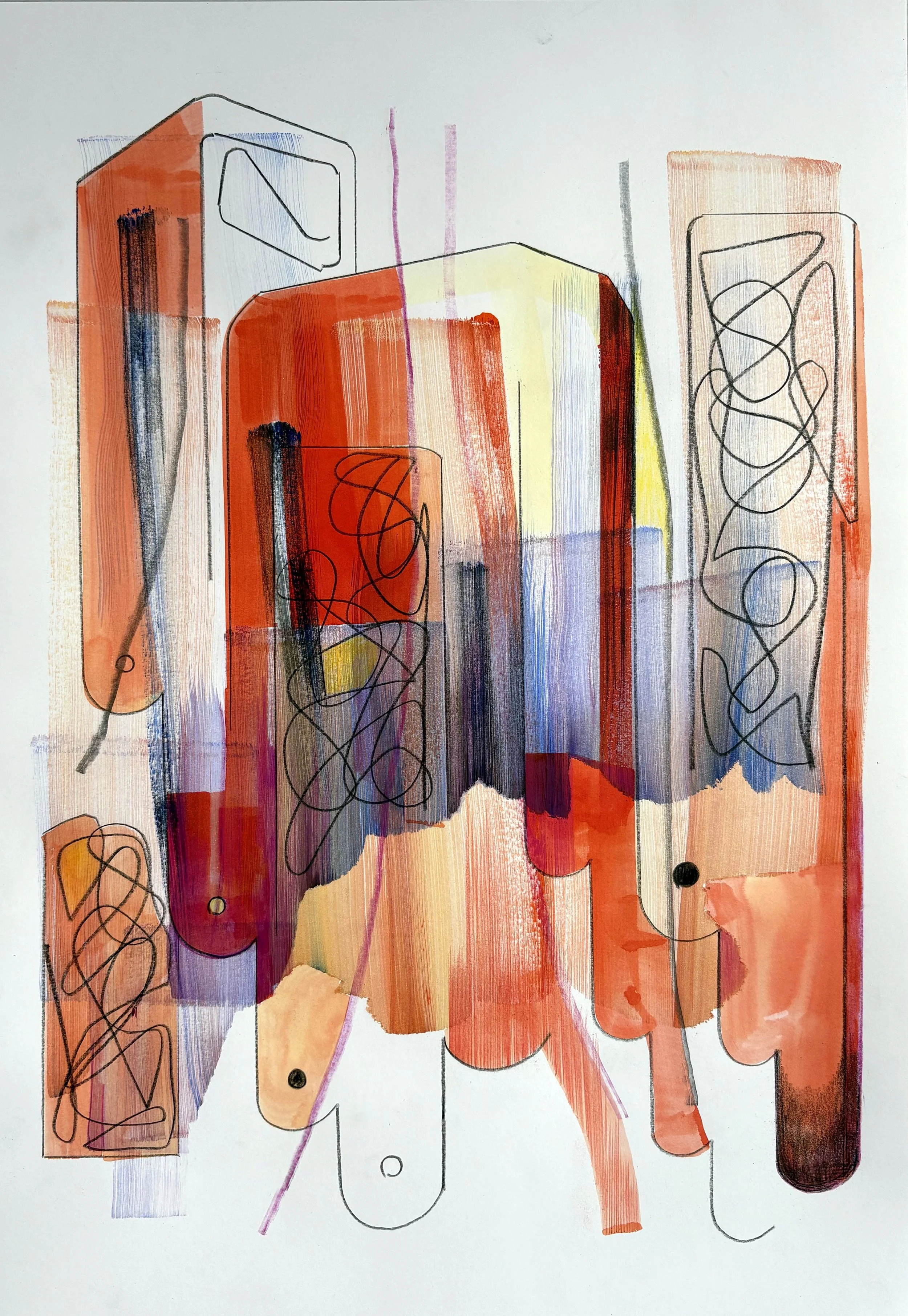 Sprawl, oil, spray and coloured pencil on paper, 59cm x 42cm, 2024
