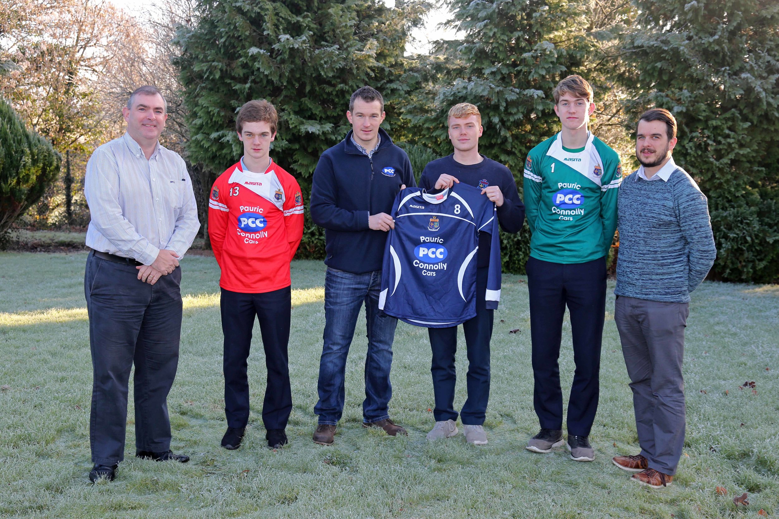 Pauric Connolly, past pupil, presenting new soccer kit to the school, kindly sponsored by Pauric himself.