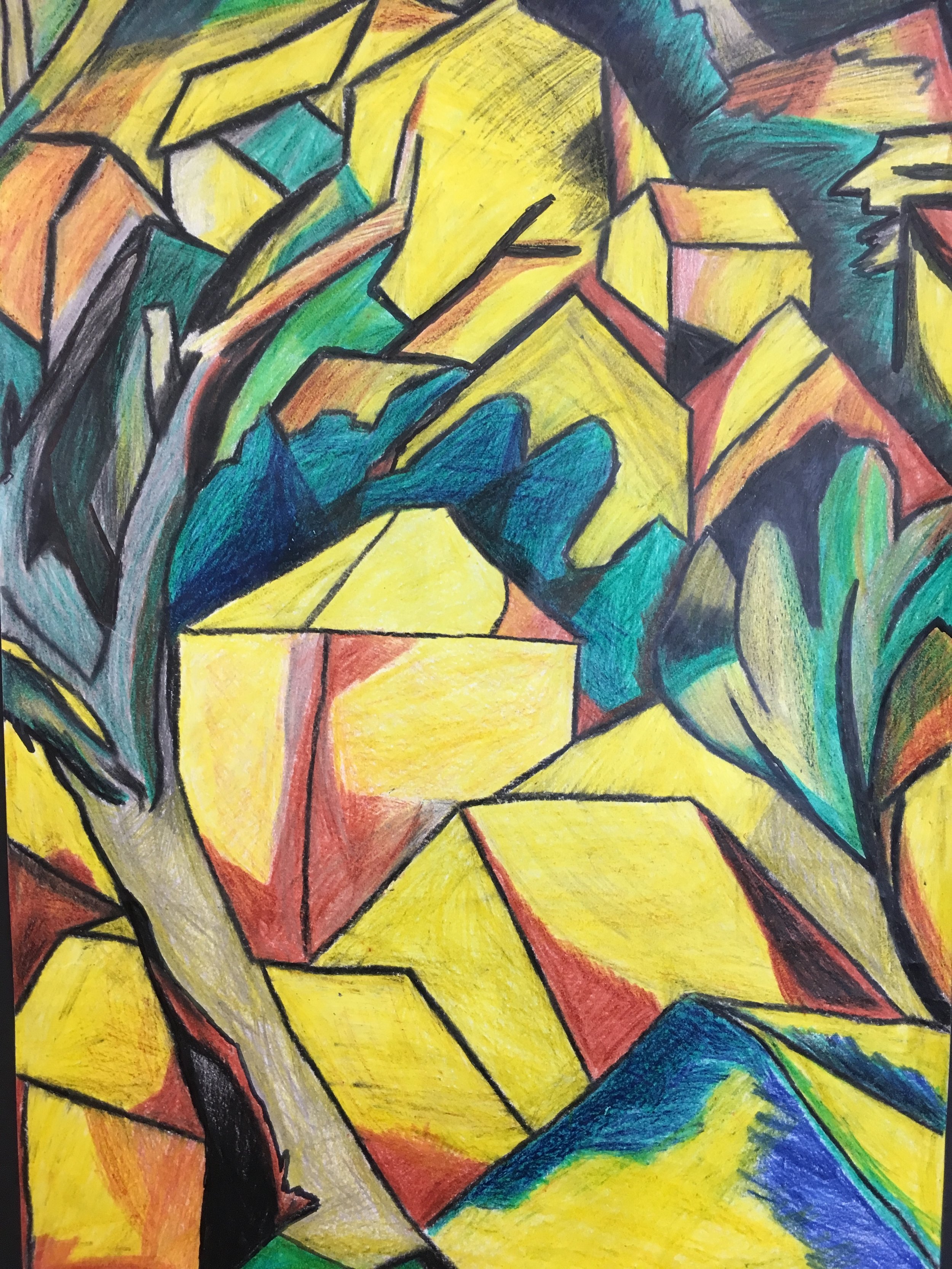  Aidan O' Ceallagh a 5th year student for his vibrant reproduction of The Cubist Painting Houses at L'Estaque by George Braques. Aidan created this with colouring crayons in great detail. Well done Aidan!   