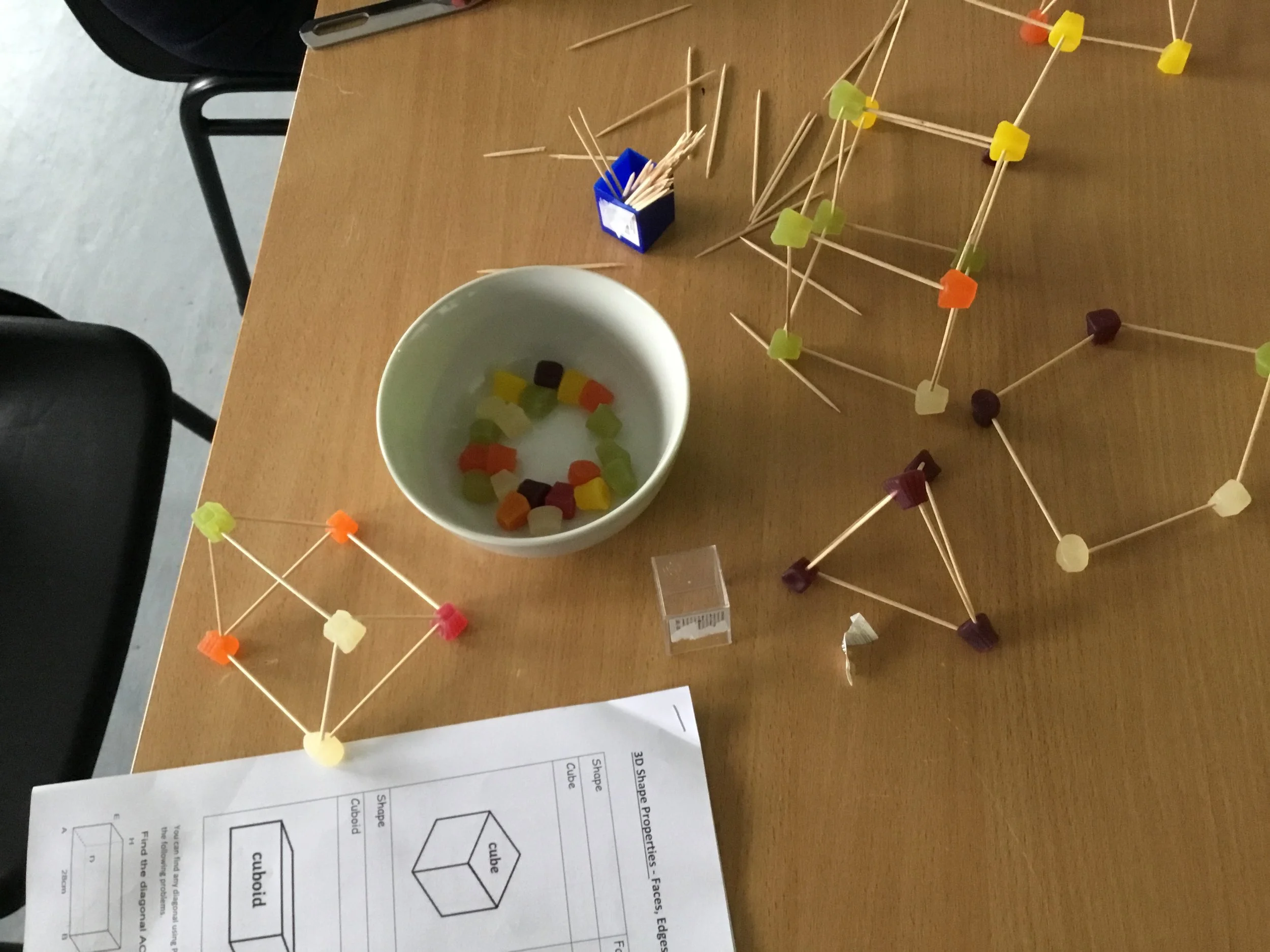  Narnia students using midget gems and cocktail sticks to create 3D shapes and identify properties 