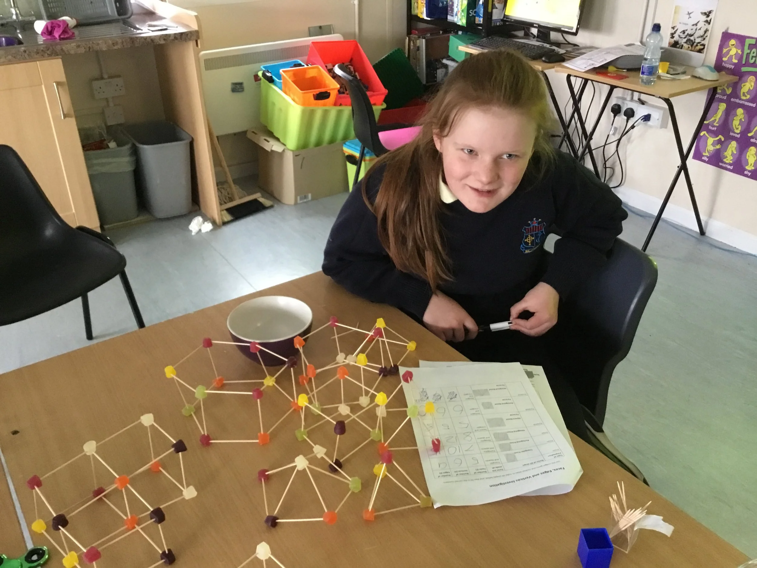  Narnia students using midget gems and cocktail sticks to create 3D shapes and identify properties 