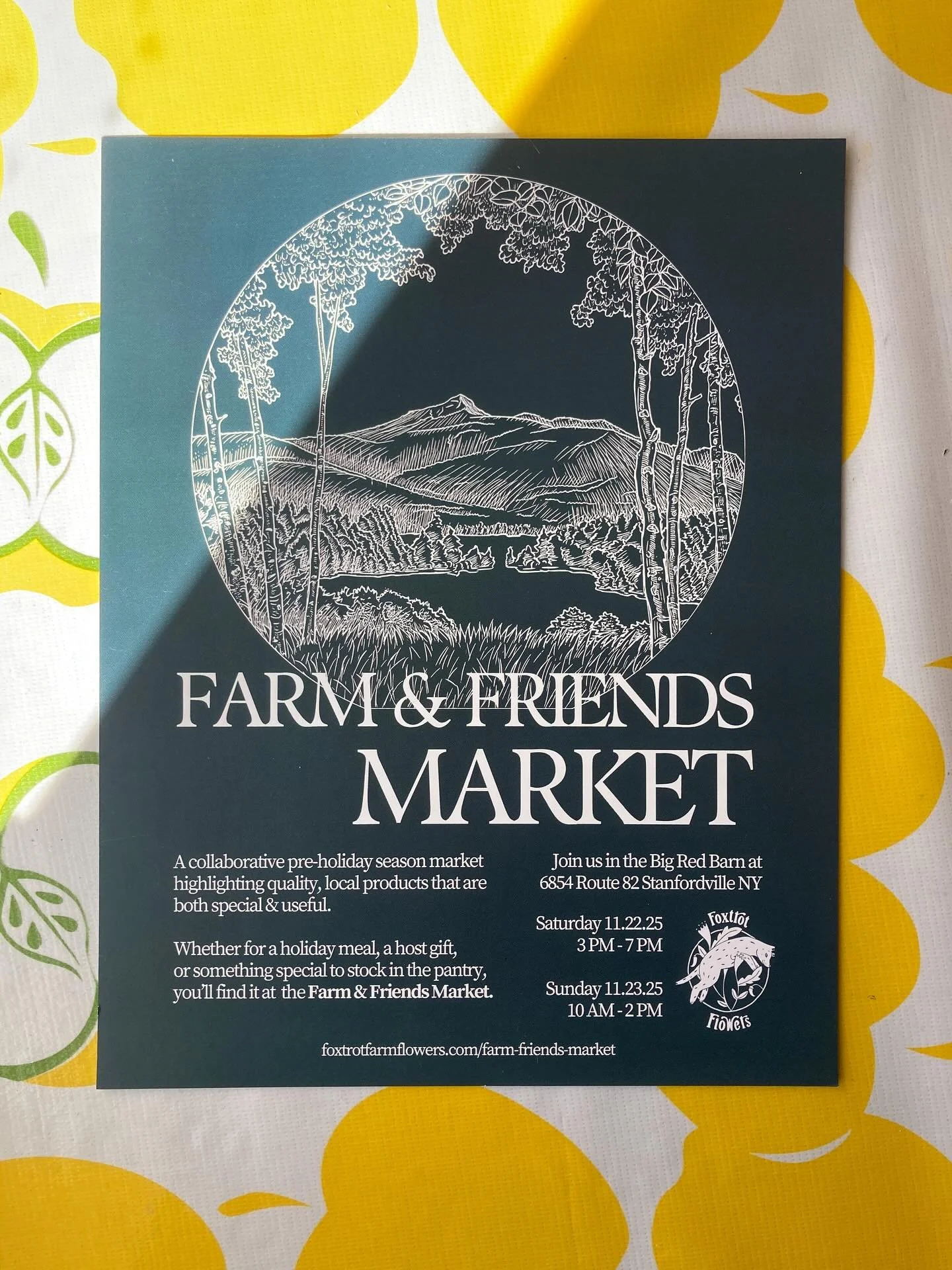 This is it! The Market to get yourself some @paigeofcontent loot. 11/22 3-7pm 11/23 10am-2pm. @foxtrotfarmflowers kindly dropped off some flyers and post cards and we sat down for tea and had a brief chat about the trials and tribulations of running 