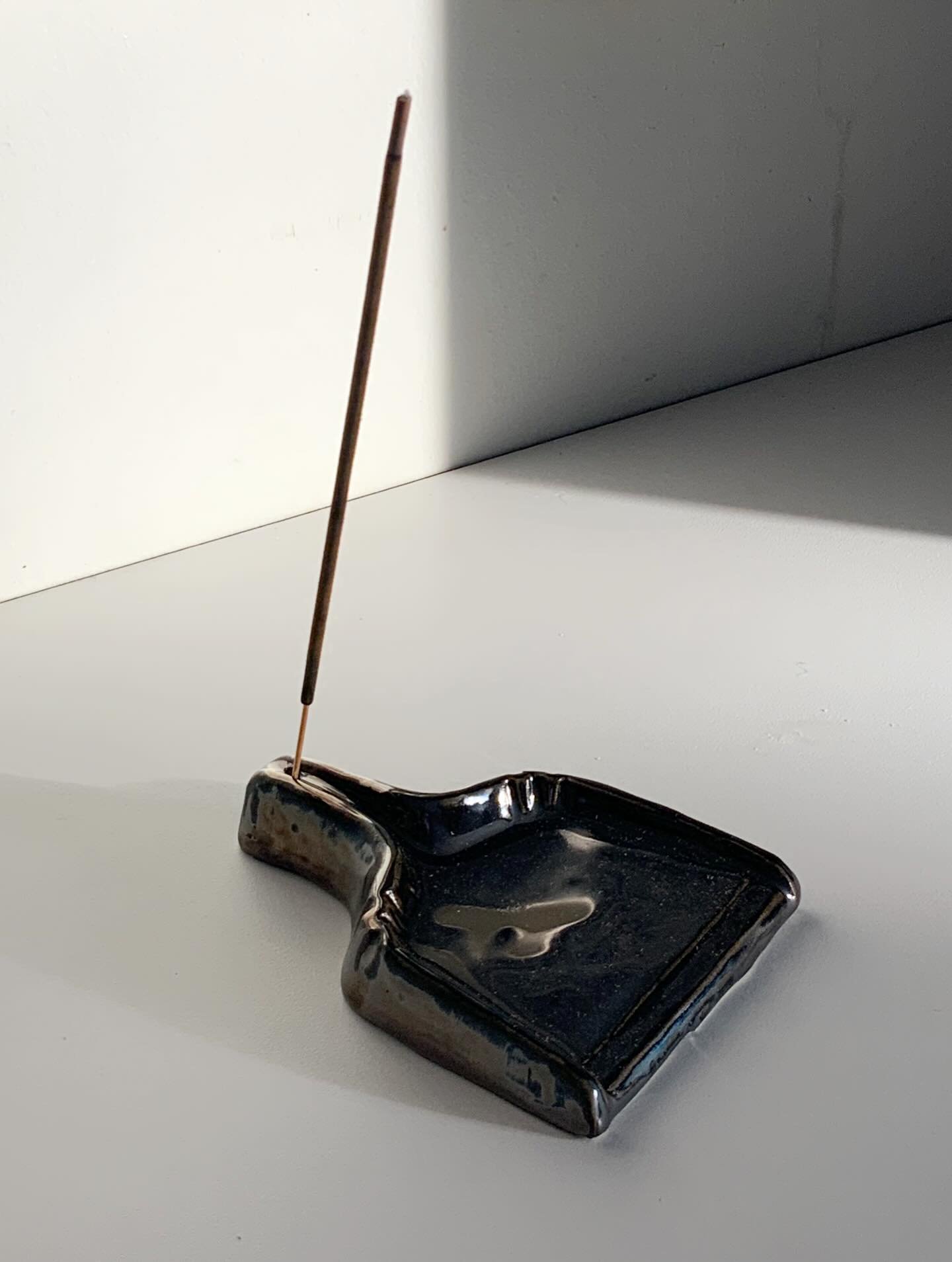 Ceramic dust pans! All handmade using a press mold, this one is in Chrome and can be used for cone or stick incense. Will be available at @basilicahudson Farm &amp; Flea May 9-10.