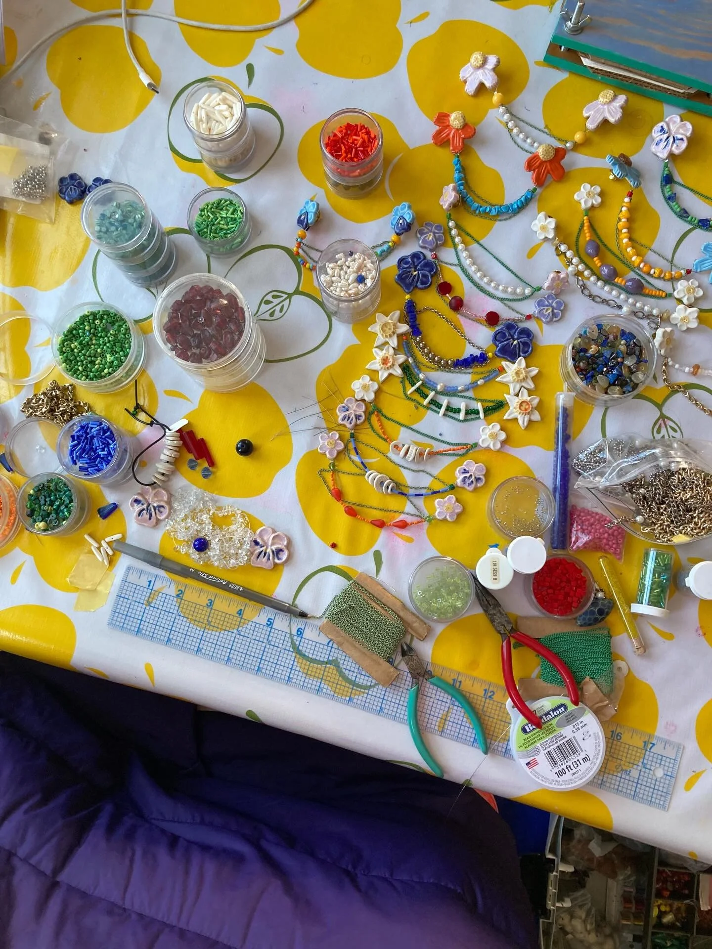 This is the mess! My favorite part of making sweater clips, is picking a choosing colors, textures and shapes to make each bead and ceramic flower combo sing. 

One week away! Find me at @basilicahudson Farm &amp; Flea May 9-10.

I&rsquo;m traveling 