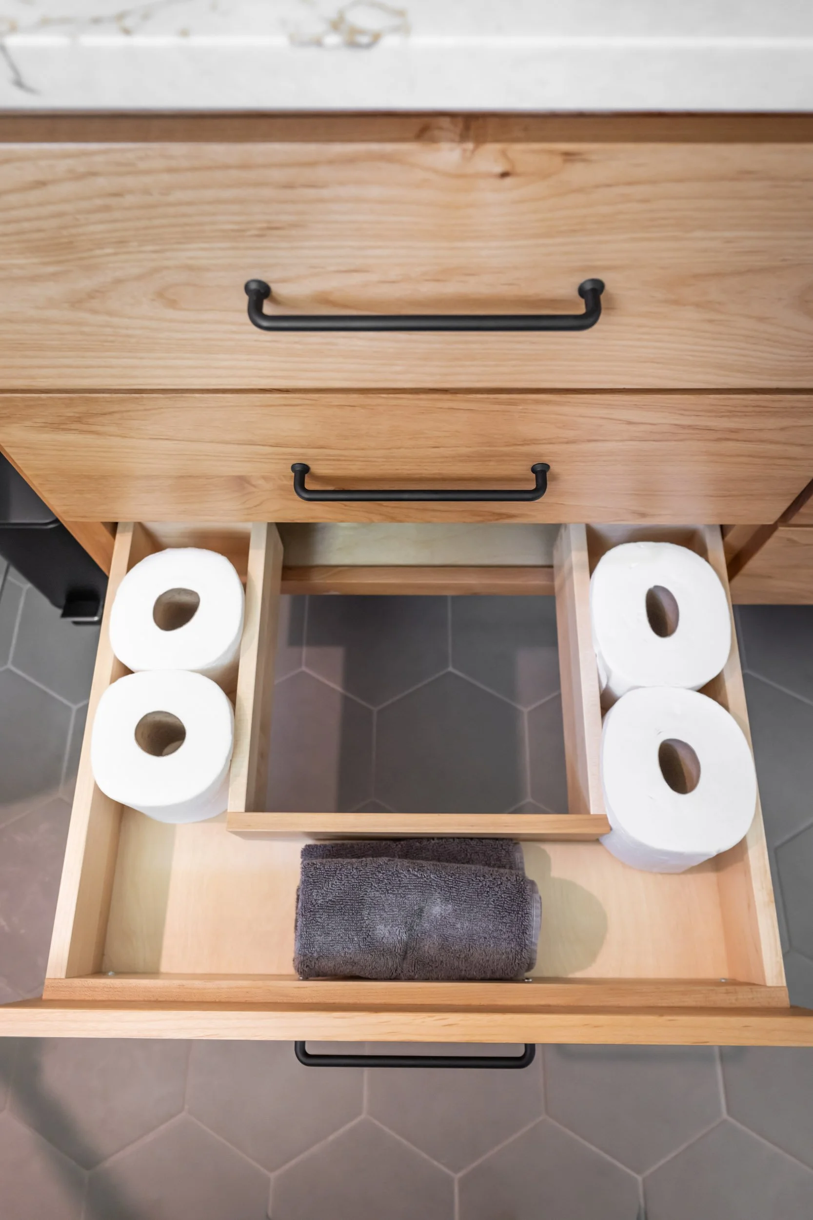 ocused view of the ‘U’ shaped vanity drawers