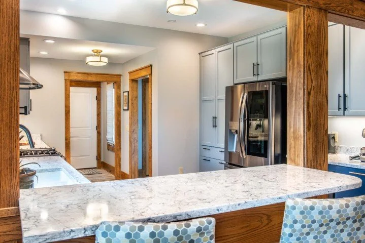 A modified galley kitchen with no island in a 1920s bungalow home in DeForest WI