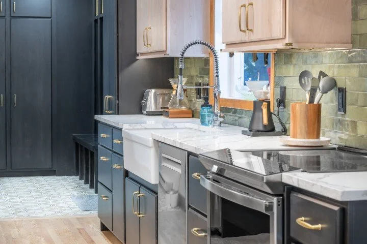 Slab cabinet doors in a 1930s home remodel