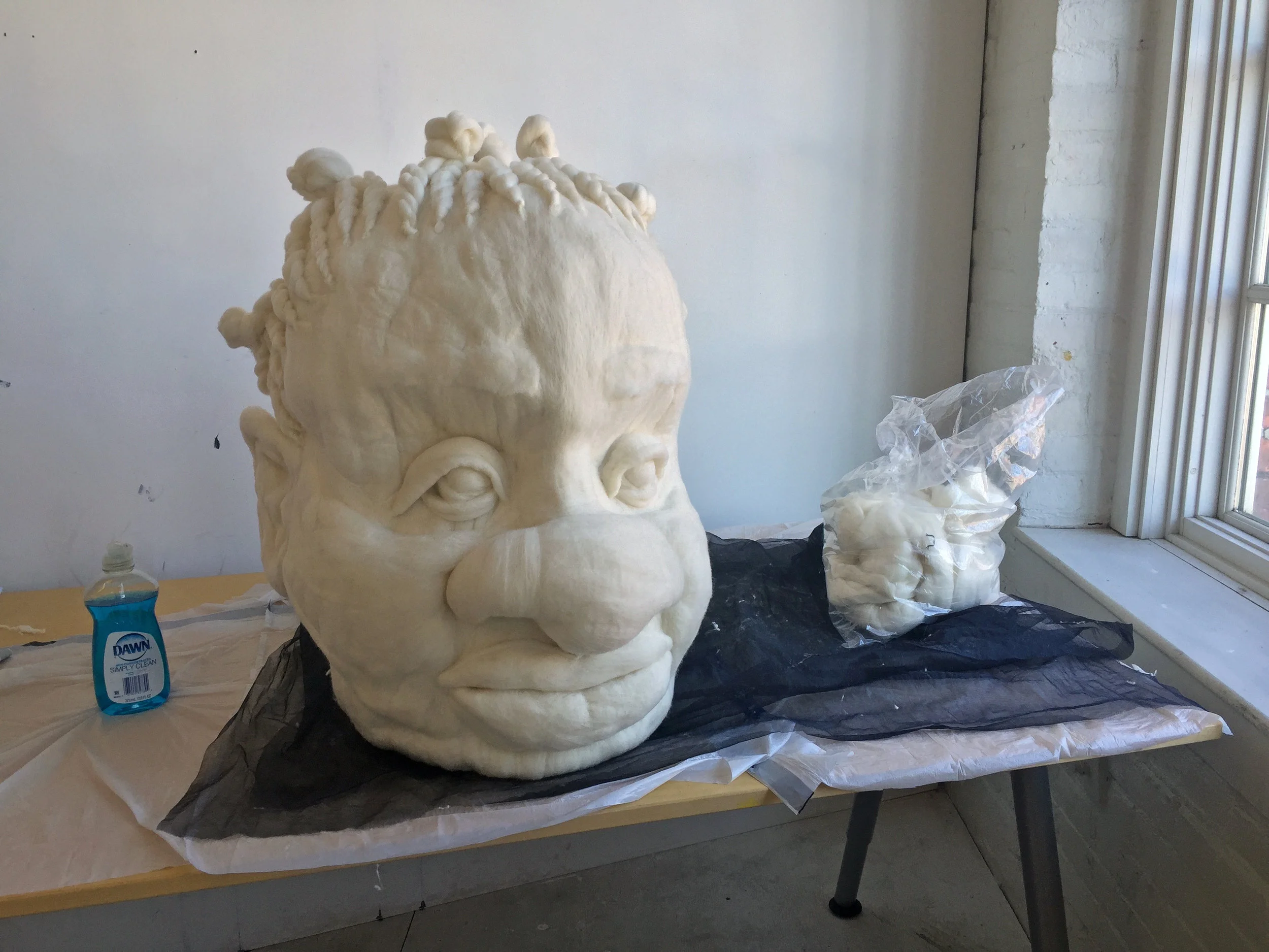 A mask I finally began working on! It's completely hollow, made from a chicken wire armature and merino wool. I've used the wet felting process to make larger sheets to then cover the armature. 