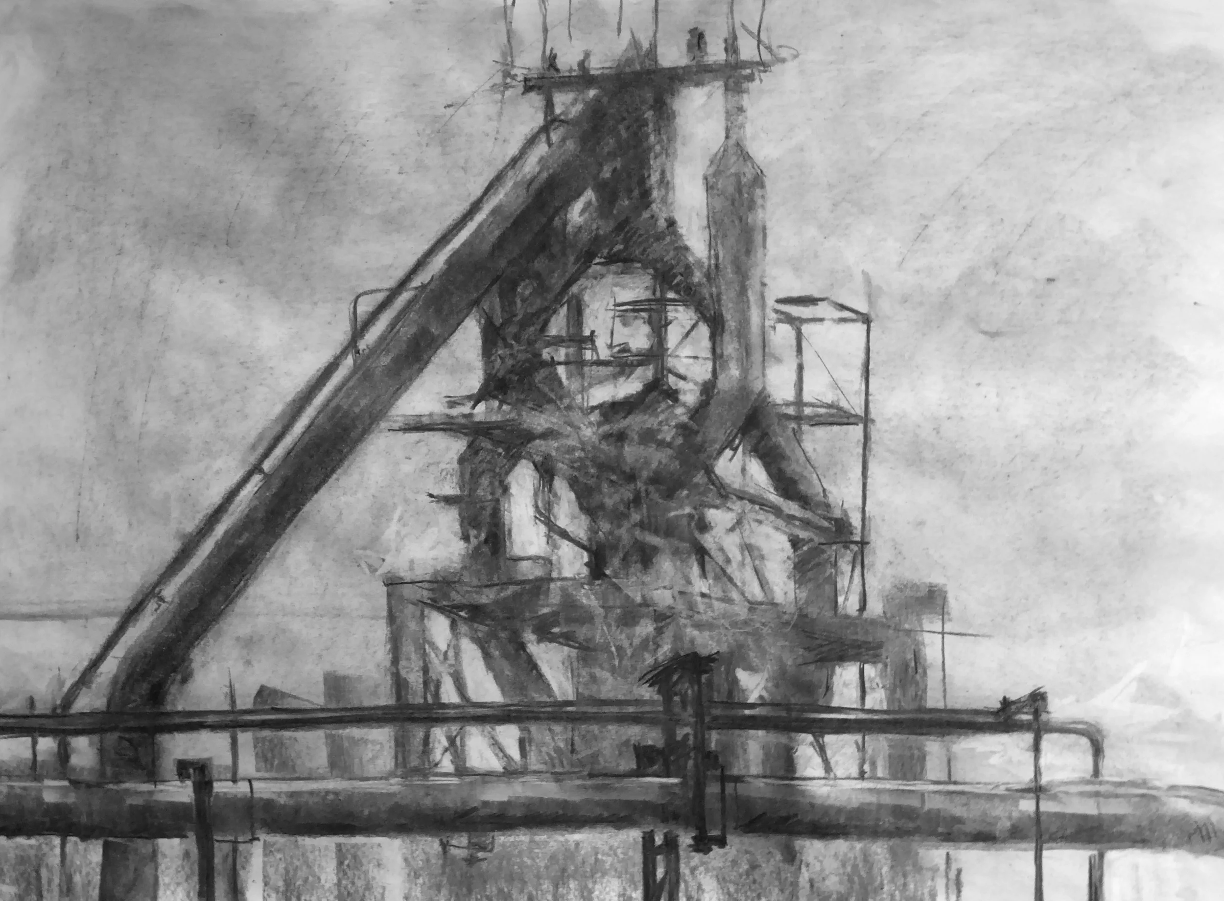   No. 3 Blast Furnace Port Talbot I &nbsp; Charcoal on grey sugar paper &nbsp;84 x 60 cm &nbsp; 2015 