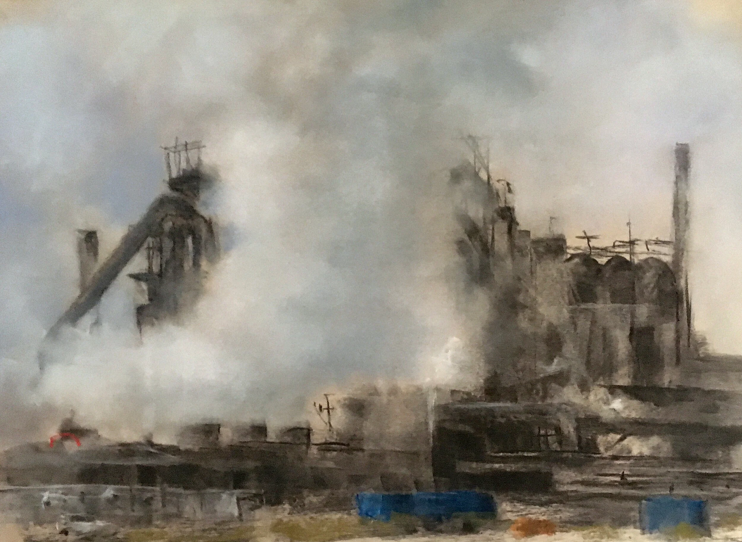 Dull day at Port Talbot.  Charcoal and pastel on sugar paper 80x58 cms 2019