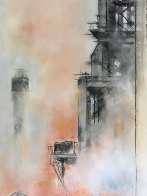 Glimpse of Blast Furnace.   Charcoal and pastel on sugar paper 54x80 2019. 